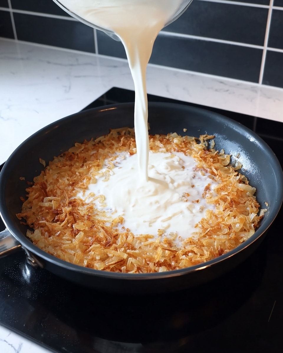A black frying pan is shown with a layer of golden-brown cooked onions spread evenly on the bottom, forming a ring around the edges. In the center, a thick white liquid is being poured, creating a smooth, creamy pool that contrasts with the textured onions. The frying pan sits on a black stove, with a tiled backsplash behind it. The overall scene is set on a white marbled surface photo taken with an iphone --ar 4:5 --v 7