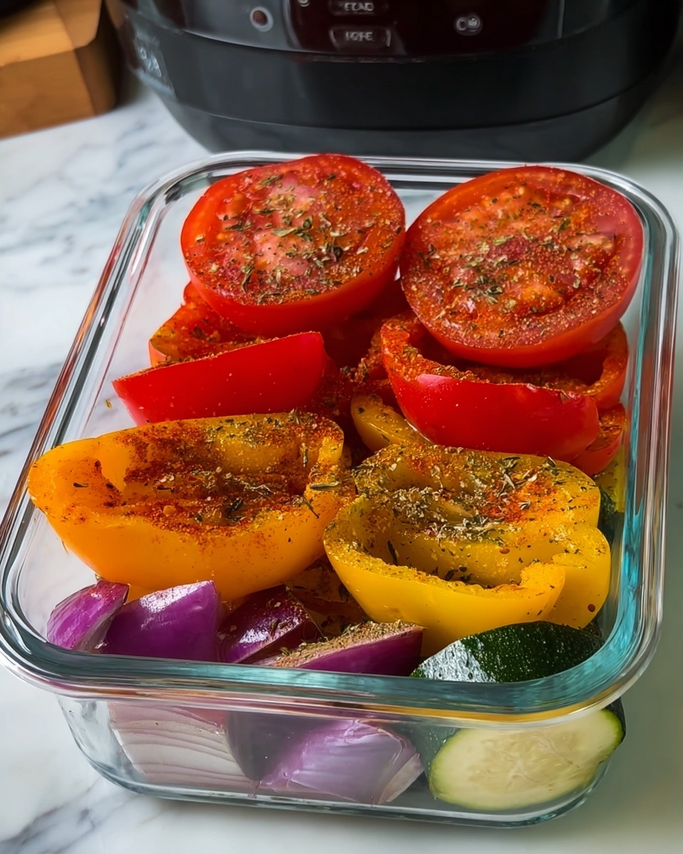A clear glass square container holds three layers of vegetables. The top layer has three bright red tomato halves, each sprinkled with herbs and spices. Below them are two halved red bell peppers, also seasoned with herbs, followed by two halved yellow bell peppers with a similar sprinkle of spices. At the bottom, there are chunks of purple onion and pieces of zucchini with green skin and white flesh, all lightly seasoned. The container is placed on a white marbled surface with a black kitchen appliance visible in the background. Photo taken with an iphone --ar 4:5 --v 7