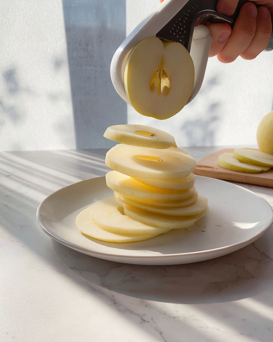 A white plate holds a pile of thin, pale yellow apple slices with round holes in the center, stacked loosely on top of each other. Above the plate, a woman's hand grips a white peeler with a black grip, peeling a whole apple that is partly peeled and has a smooth, light yellow surface. The apple slices fall gently from the peeler onto the plate. The background and table surface have a white marbled texture, with soft natural light casting shadows across the scene. Photo taken with an iphone --ar 4:5 --v 7