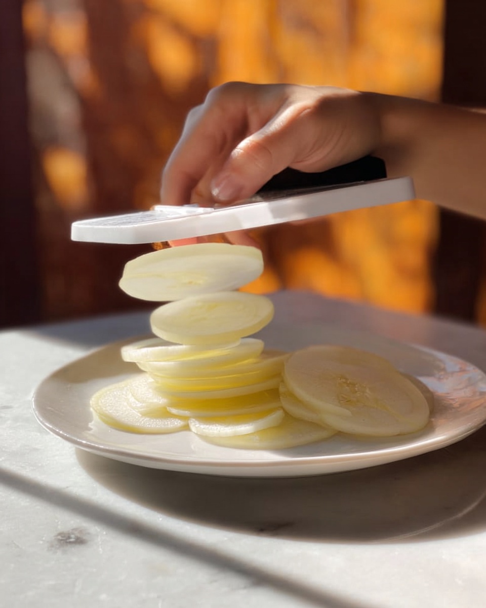 A woman's hand holds a slicer over a white plate on a white marbled surface, thin round pale yellow slices of onion fall neatly onto the plate from the slicer. The light shines softly, creating warm shadows and a calm atmosphere. In the background, there is a blurred window with warm colors, adding depth without taking focus from the simple layers of onion slices stacked on the plate. photo taken with an iphone --ar 4:5 --v 7