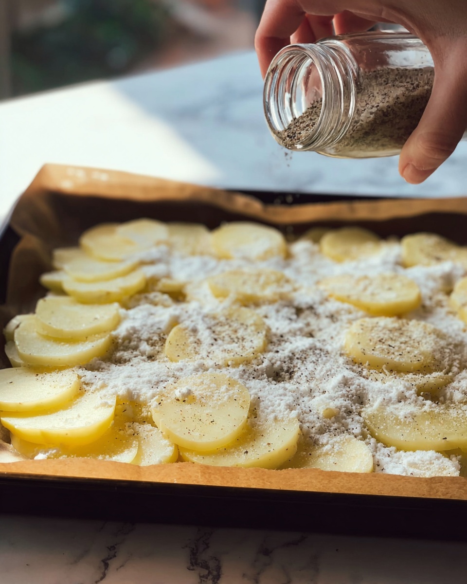 The image shows a close-up of a baking tray lined with brown paper, filled with uncooked diced potatoes dusted lightly with white flour. On top of the flour, there are several thin, round slices of yellow onion neatly placed in a single layer, covering the surface. A woman's hand is seen from the right side, holding a clear glass shaker and sprinkling black pepper over the onion slices and flour. The background is softly blurred, and the tray sits on a white marbled surface. Photo taken with an iphone --ar 4:5 --v 7