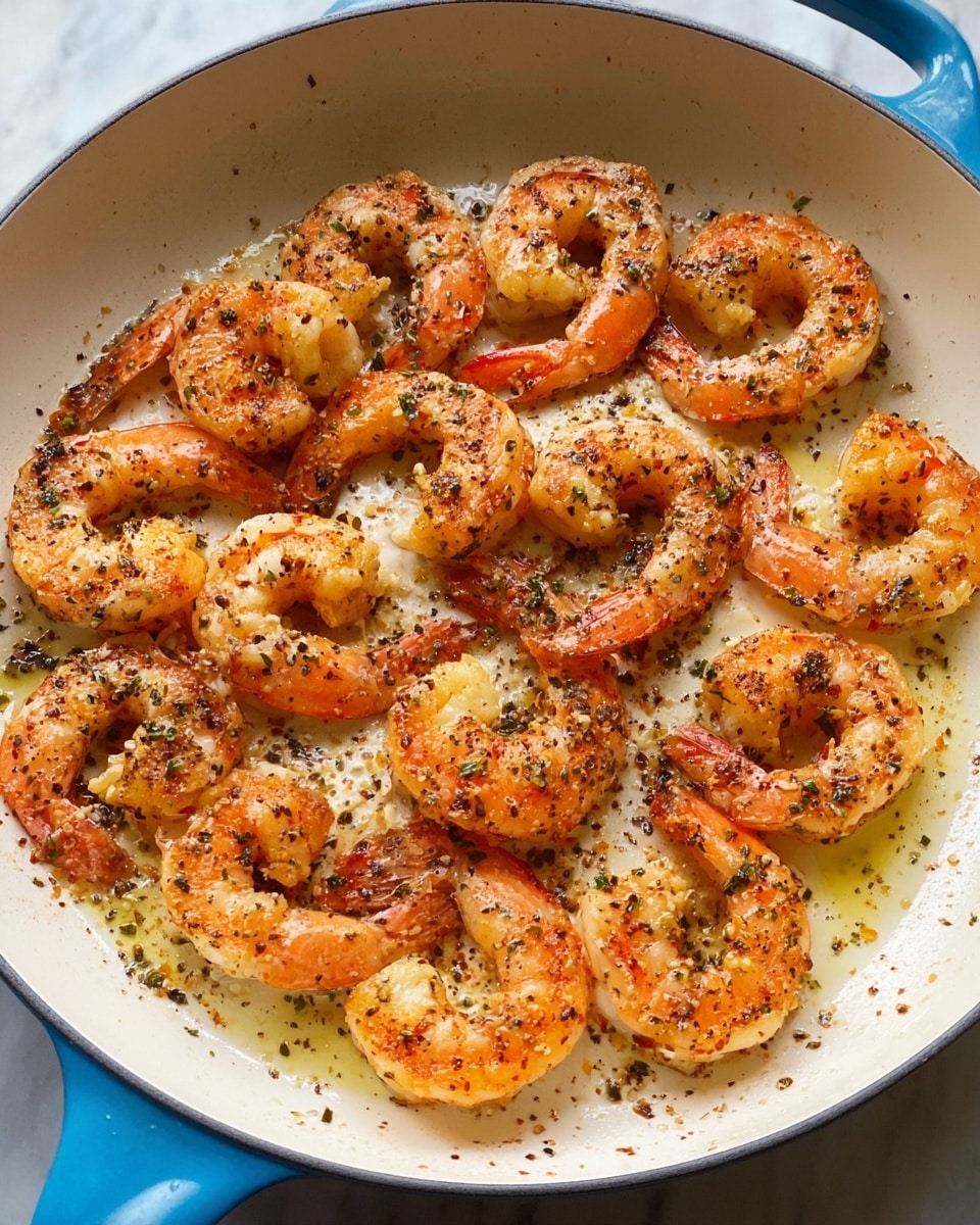 A white pan with a blue handle holds 14 cooked shrimp spread out evenly. Each shrimp is orange with slight browning and covered in black pepper and herbs. Melted butter or oil pools around them with small bits of seasoning scattered in it. The shrimp curl slightly, showing their texture under soft light. The background is a white marbled texture photo taken with an iphone --ar 4:5 --v 7