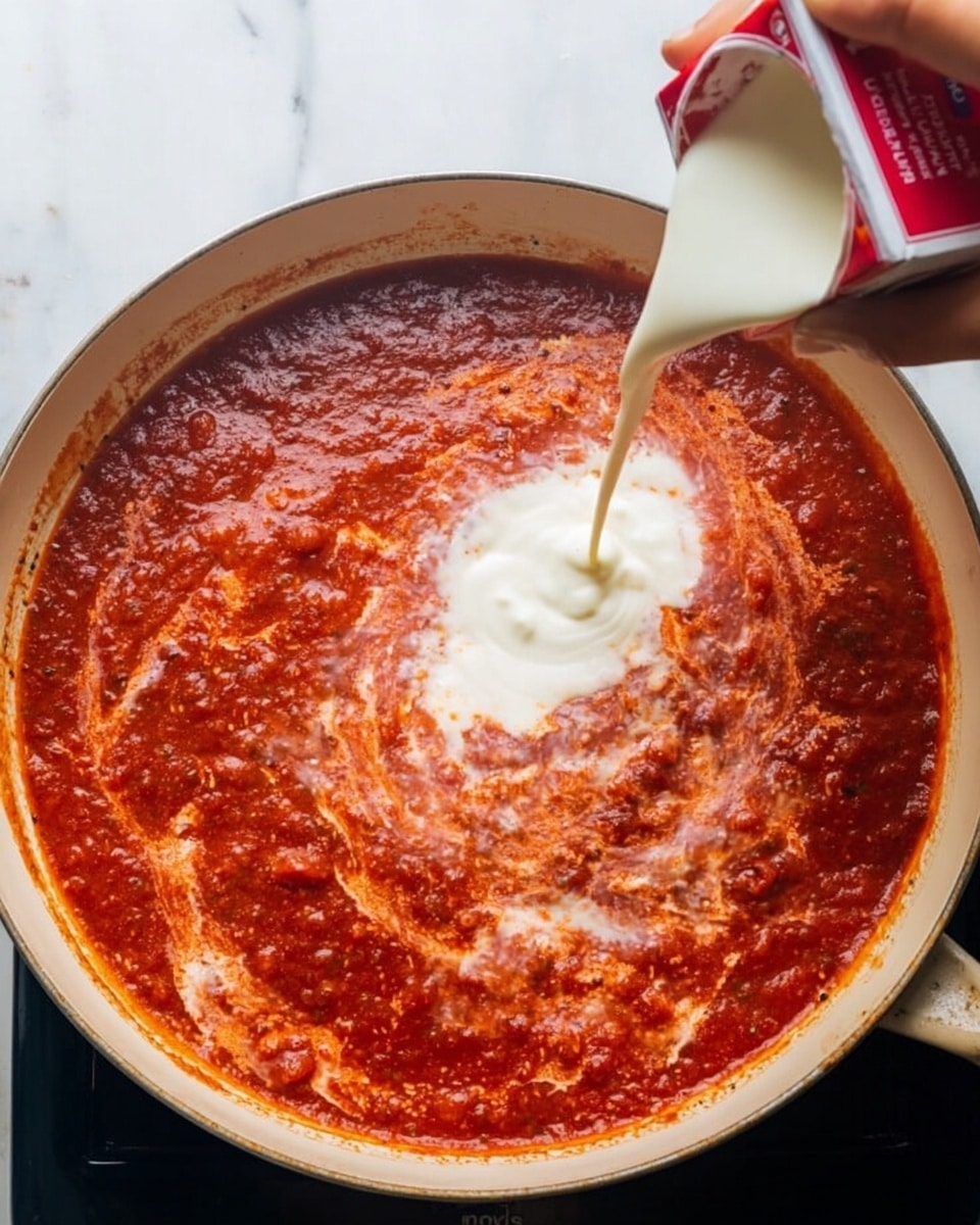 A white bowl with a thin blue rim holds a neat pile of creamy orange pasta sauce-coated noodles, twisted into a circular mound. On top of the noodles, there is a single browned shrimp with a slightly crispy texture, garnished with small bits of green herbs and black pepper for contrast. Above the bowl, part of a blue pan filled with the same pasta and shrimp mixture is visible, both placed on a white marbled surface. The dish looks warm and creamy with a smooth sauce evenly covering the noodles. photo taken with an iphone --ar 4:5 --v 7