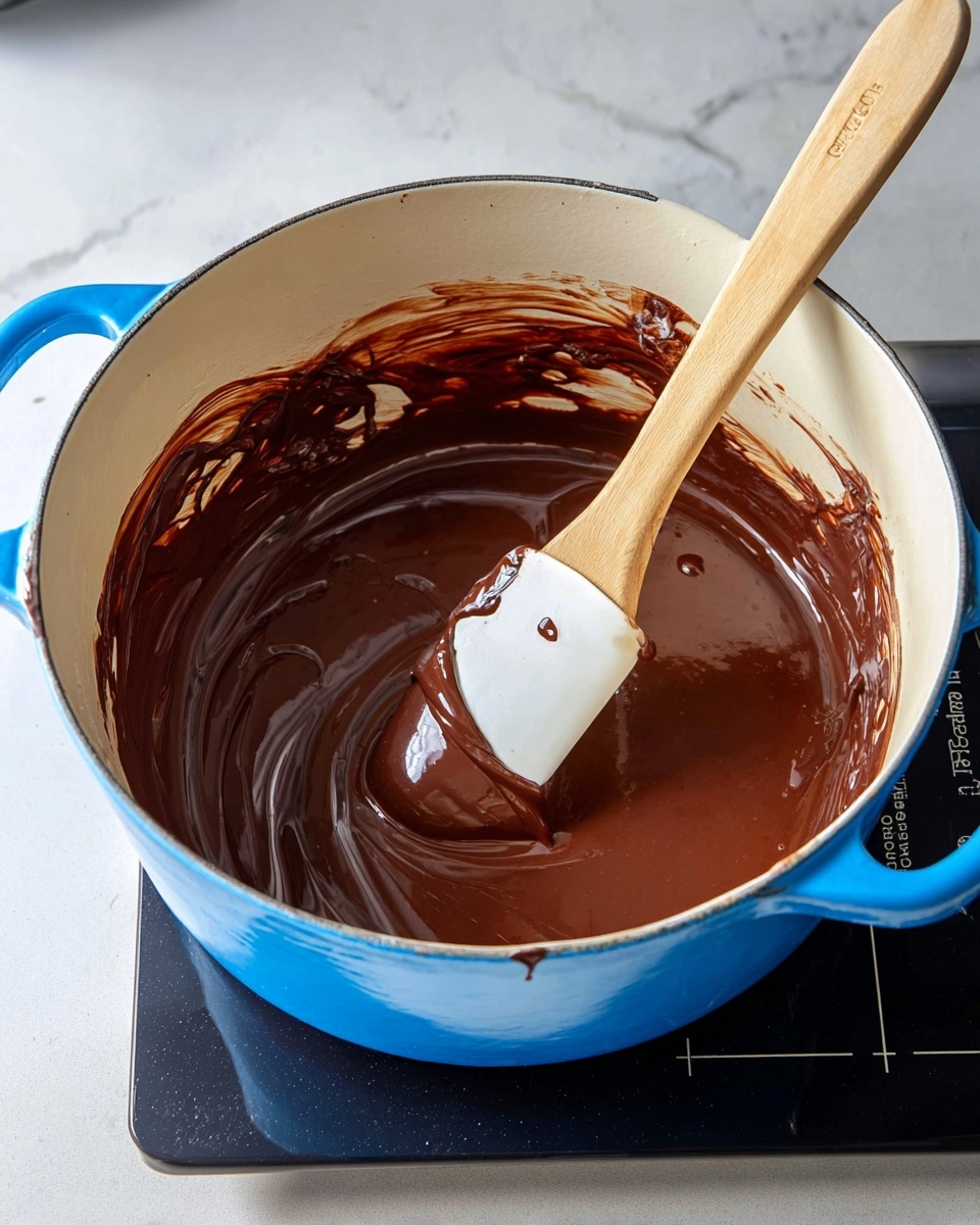A close-up view of a blue Le Creuset pot with white inside, filled with smooth, glossy dark brown melted chocolate spread across the bottom and sides. A white spatula with a wooden handle lies inside the pot, coated with some of the chocolate, resting on the right edge. The pot sits on a black cooktop with white markings, all placed on a white marbled surface. The photo was taken with an iphone --ar 4:5 --v 7
