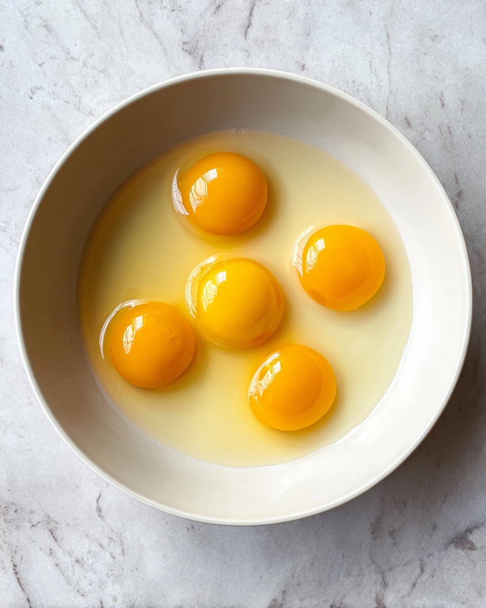 A white bowl with five raw egg yolks in it, each yolk bright yellow and round, floating in the clear egg whites. The yolks are scattered evenly in the bowl, which sits on a white marbled surface. The smooth texture of the yolks contrasts with the slightly runny and glossy egg whites around them, creating a simple and clean look. Photo taken with an iphone --ar 4:5 --v 7