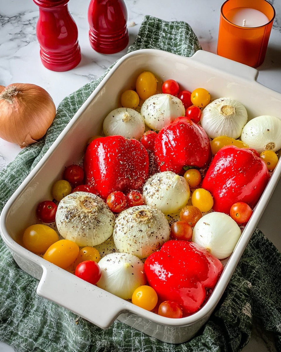 The image shows a white baking dish filled with fresh vegetables. There are five large, smooth red bell pepper halves, three peeled whole white onions, a bulb of garlic cut in half showing its creamy inside, and many small round cherry tomatoes in red and yellow colors scattered around. The vegetables have a light shine, and some black pepper is sprinkled on top. The dish is placed on a green and white cloth over a white marbled surface. In the background, there are two red shakers and a small orange candle. Photo taken with an iphone --ar 4:5 --v 7