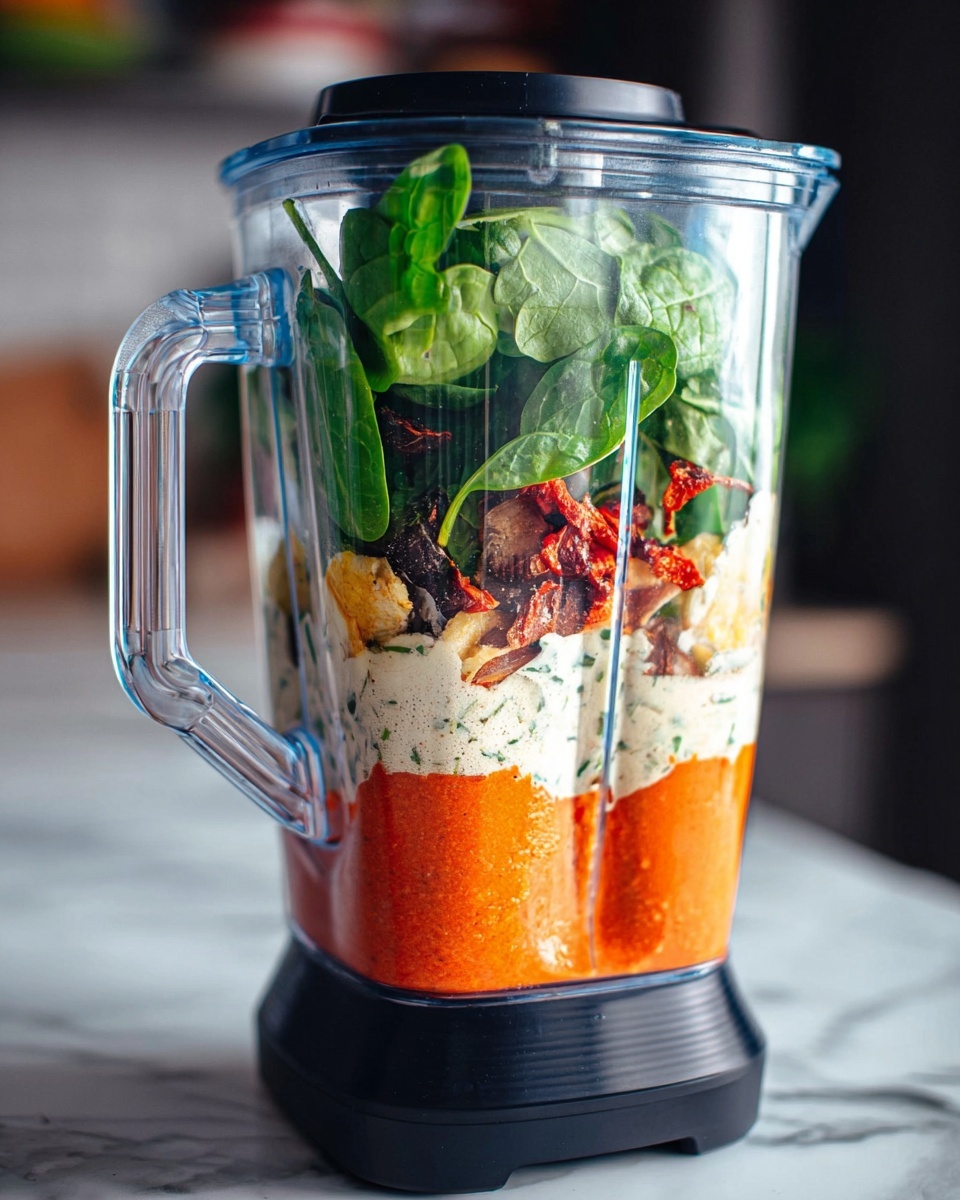 The image shows a clear blender container filled with multiple layers of ingredients. At the bottom, there is a bright orange-red layer with smooth texture, likely roasted vegetables or sauce. Above that is a creamy white layer with a slightly thick consistency, mixed with pieces of red and brown charred items. The next layer contains fresh spinach leaves, green and leafy, filling the top of the container. The blender itself is black and clear, sitting on a white marbled surface, with a blurred background. Photo taken with an iphone --ar 4:5 --v 7