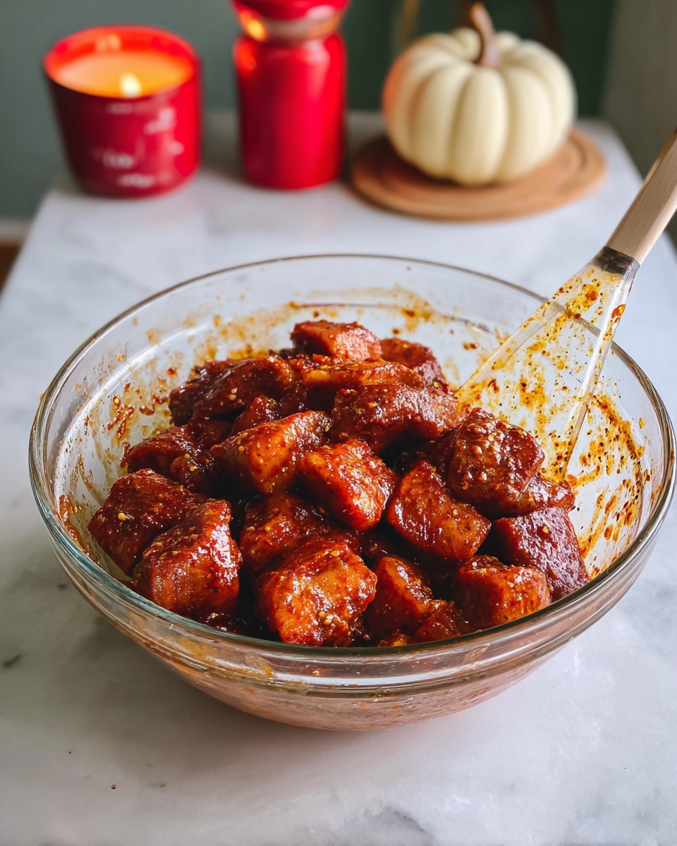 The image shows a clear glass bowl filled with chunky pieces of raw meat coated in a reddish-brown spice mix, giving the meat a rich, shiny texture. A clear spatula with a white blade is resting inside the bowl on the right side, slightly covered with the same spice mix. The bowl is placed on a white marbled surface. In the background, there are two bright orange salt and pepper shakers close together, a lit small beige candle between them, and a small cream-colored pumpkin decoration to the left. The lighting is natural and soft, highlighting the colors and textures clearly. Photo taken with an iphone --ar 4:5 --v 7