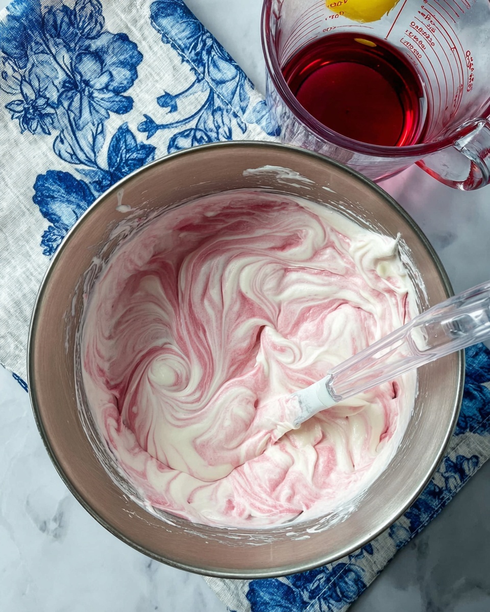 A metal bowl sits on a white marbled surface with a blue cloth patterned with white flowers beneath it. Inside the bowl, there is a creamy mixture with two main visible layers swirled together: a soft white layer and a bright pink layer. The texture looks smooth and fluffy, with the pink mixed gently into the white in a swirling pattern, creating curves and waves. A clear spoon or spatula is partially inside the bowl, holding the mixture. In the background, there is a clear glass cup filled with a dark red liquid and a small yellow piece floating in it. photo taken with an iphone --ar 4:5 --v 7