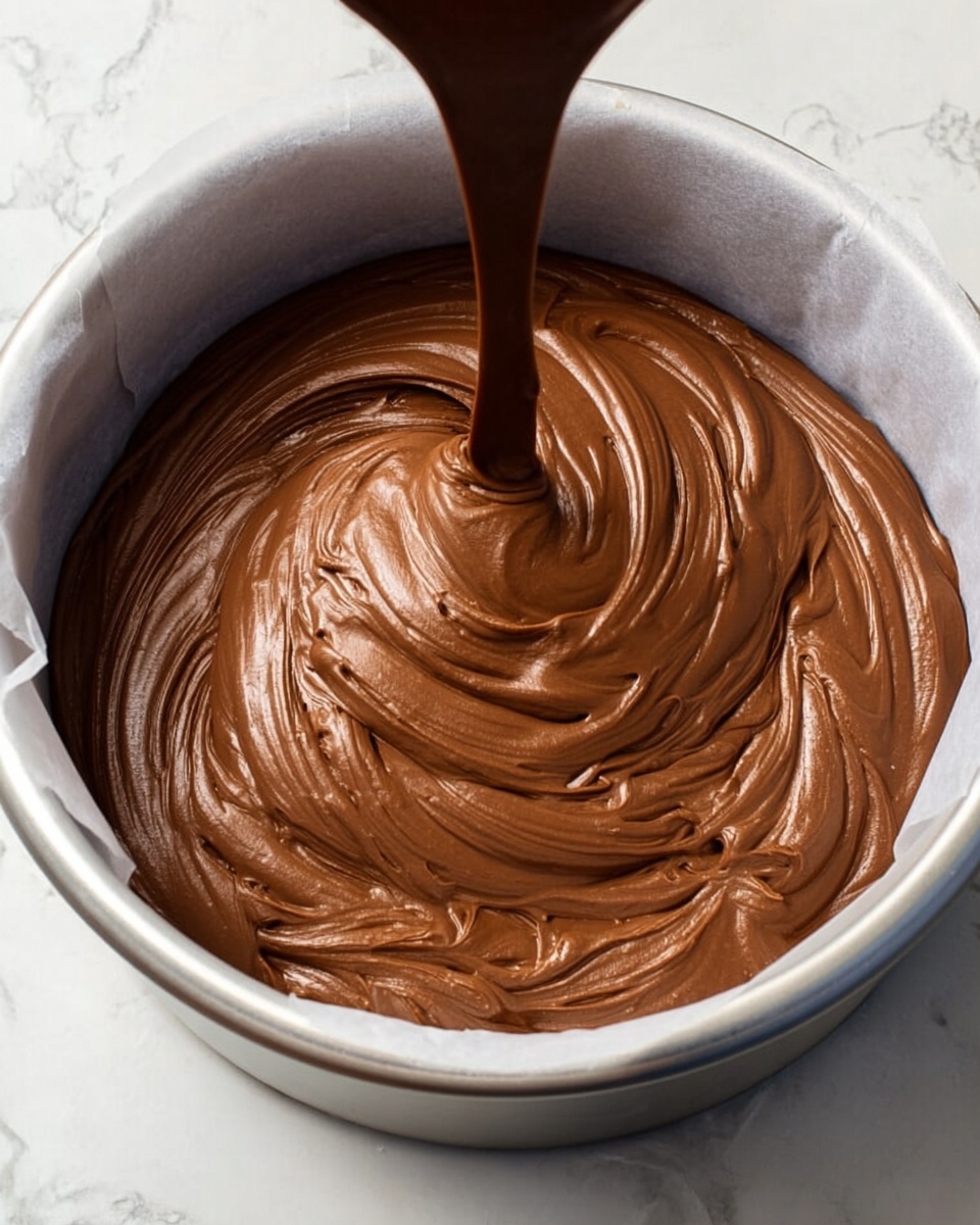 The image shows a three-layer dark chocolate cake with light pink frosting between each layer and all over the top and sides. The frosting is smooth, slightly thick, and has a soft texture. Small white edible flowers are placed on the side of the cake, and dark chocolate curls are scattered on top. A slice of cake is being lifted up on a metal spatula, revealing the even layers inside. The cake sits on a white marble cake stand with a wooden base, placed on a white marbled surface. In the blurry background, white flowers and cherries are visible. Photo taken with an iphone --ar 4:5 --v 7