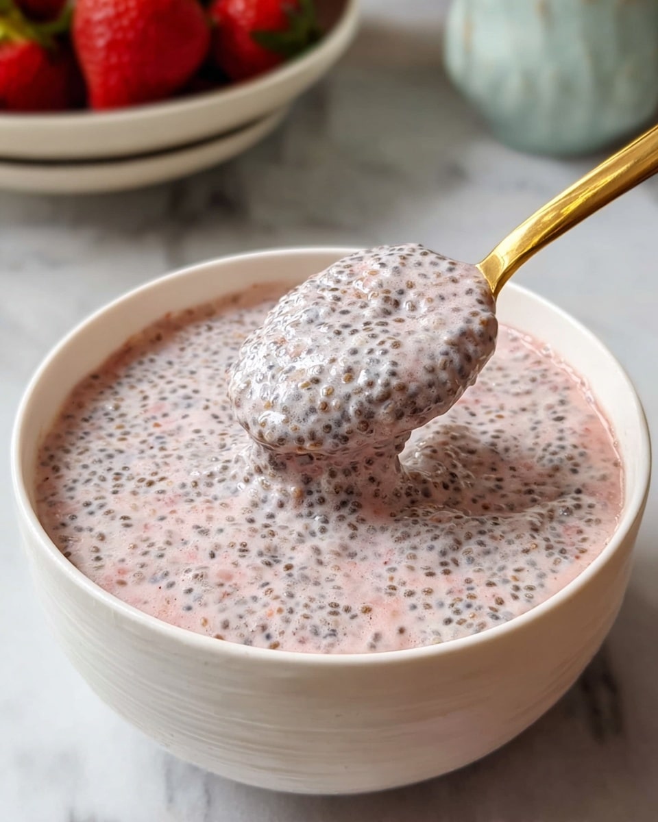 A white bowl filled with a creamy light purple chia pudding showing many small black chia seeds evenly spread throughout the thick mixture. A gold spoon lifts a spoonful of the pudding from the bowl, highlighting the pudding’s smooth texture mixed with the tiny, round seeds. The bowl rests on a white marbled surface, with a blurred brown bowl containing red strawberries in the background. photo taken with an iphone --ar 4:5 --v 7