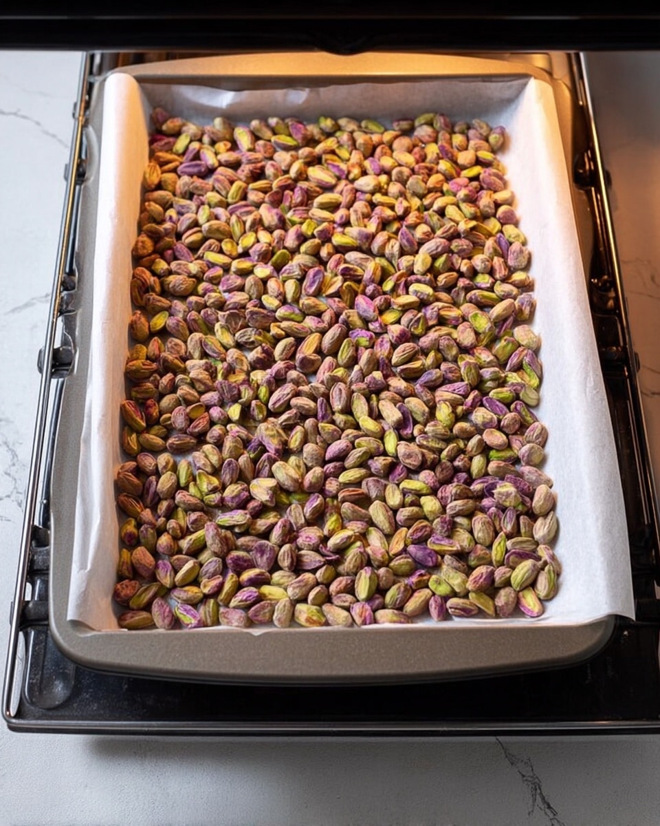 A baking tray lined with white parchment paper holds a single, even layer of raw pistachio nuts spread out to cover the whole surface. The pistachios show a mix of green, purple, and beige tones with a rough, natural texture. The tray is placed on the middle rack inside an oven, with the oven light on, casting a warm glow over the nuts. The background surface visible below the oven is white with a marbled texture. photo taken with an iphone --ar 4:5 --v 7
