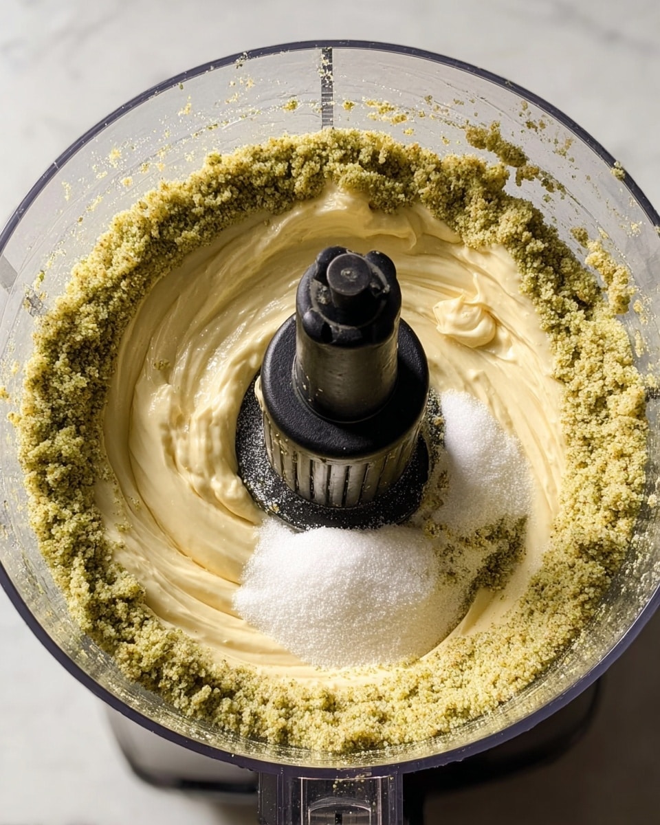 A white bowl filled with a thick, smooth greenish-brown paste that has a slightly shiny texture. The surface of the paste is swirled with a spoon, creating a curved pattern in the center. On one side of the bowl, small pieces of crushed green and brown pistachios are sprinkled on top. A golden spoon is placed inside the bowl with its handle resting on the edge. The bowl sits on a white marbled surface with a scattering of whole pistachios around it. photo taken with an iphone --ar 4:5 --v 7