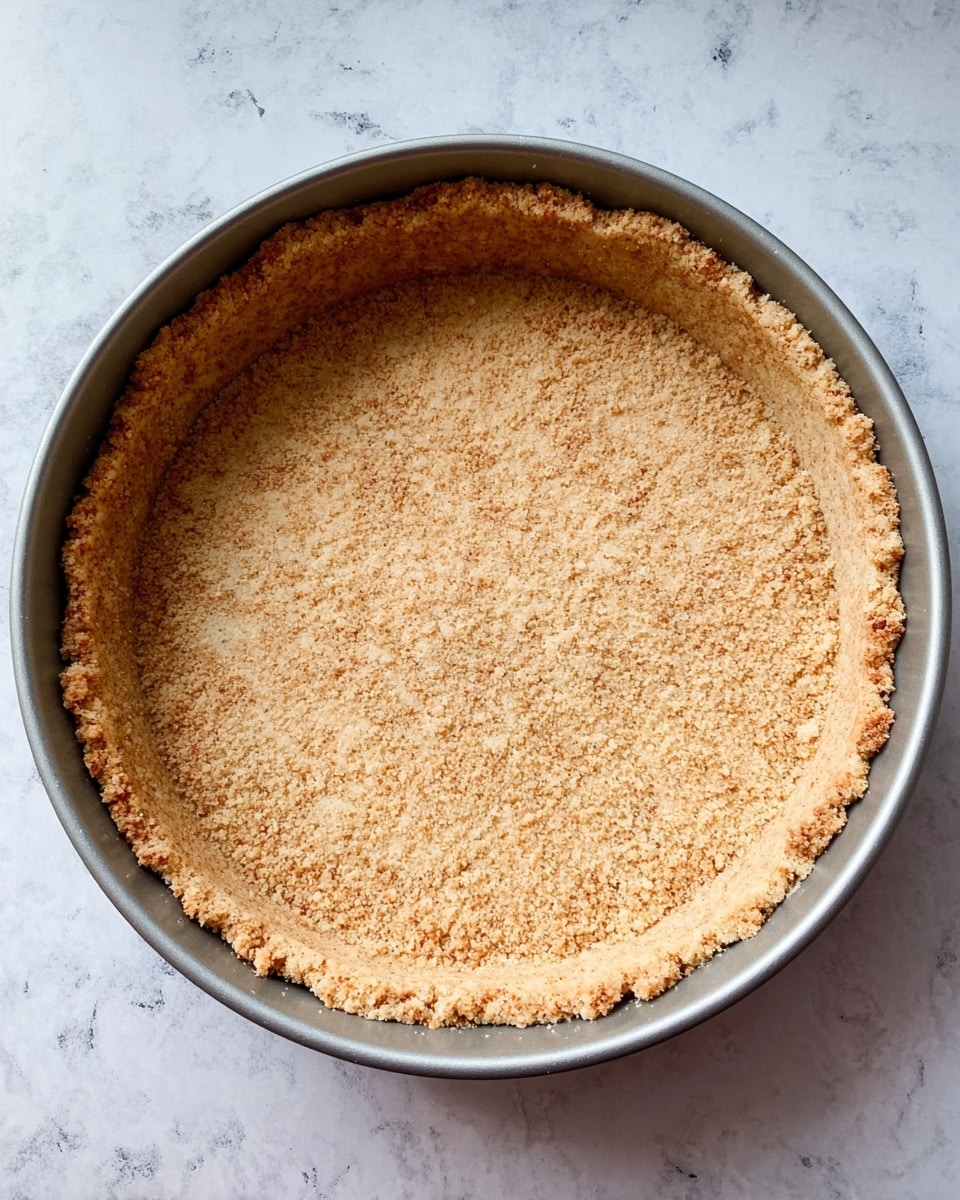 A round, silver baking pan holds a single layer of a brown crumb crust pressed evenly along the bottom and sides. The crumb layer is textured with small, rough bits, showing a slightly darker brown in some spots. The pan sits on a white marbled surface, with light reflecting softly on the metal edge. photo taken with an iphone --ar 4:5 --v 7
