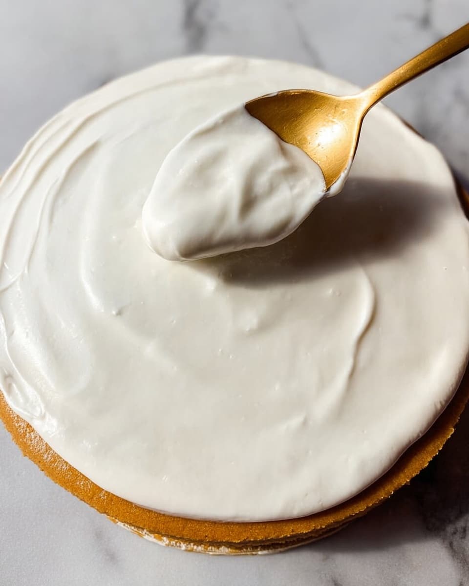 A slice of layered cake is shown on a white plate with caramel sauce drizzled underneath and on top. The cake has three visible layers: a thick, dark brown crumbly base, a dense light beige middle layer, and a smooth white cream layer on top. Thin caramel lines decorate the top cream layer, adding texture. The background features a white marbled surface, a blurred white pumpkin figure, and a glowing candle in a glass holder. Photo taken with an iphone --ar 4:5 --v 7