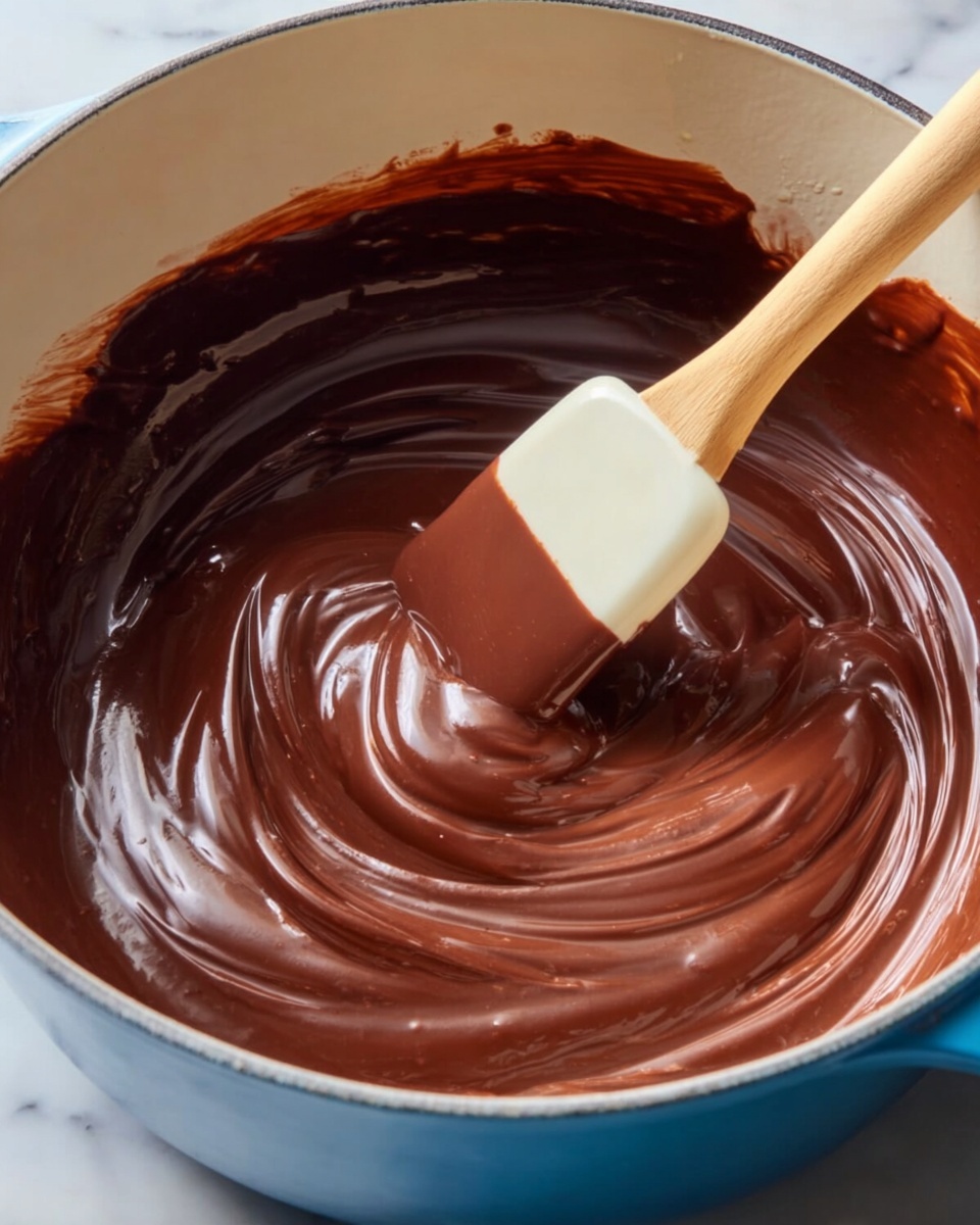 A close-up view of a smooth, thick, dark brown chocolate mixture being stirred in a white pot with a bright blue key handle. The chocolate has a shiny texture with visible swirls made by a white spatula with a light wood handle, held by a woman's hand just out of frame. The pot rests on a white marbled surface. photo taken with an iphone --ar 4:5 --v 7