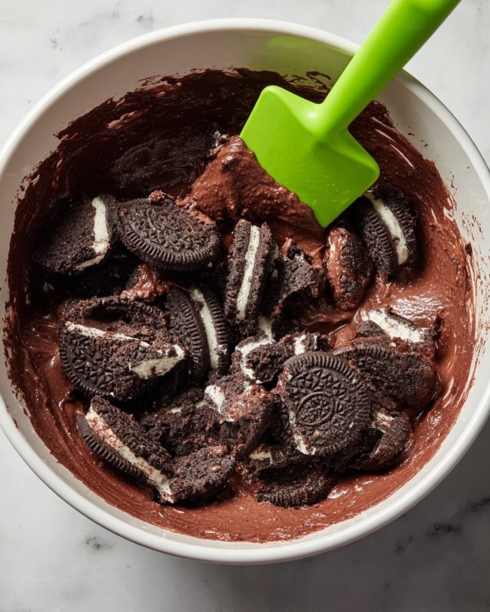 A square baking pan filled with a thick, dark brown brownie that has a shiny, slightly cracked surface. The top of the brownie is decorated with broken pieces of black and white sandwich cookies and scattered dark brown chocolate chips. The brownie edges are slightly raised and the pan is lined with white parchment paper. The pan is placed on a white marbled surface. photo taken with an iphone --ar 4:5 --v 7