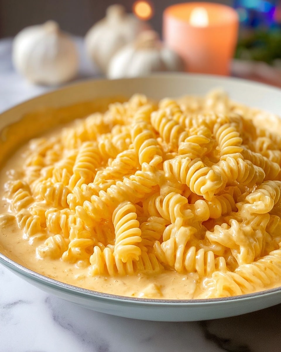 A close-up of a white pan filled with creamy orange cheese sauce as the base layer, with a pile of cooked, yellow spiral pasta lightly piled on top, showing the curved texture of each pasta piece, the sauce smooth and thick beneath. The background is softly blurred with garlic bulbs and a lit candle on a white marbled surface. Photo taken with an iphone --ar 4:5 --v 7