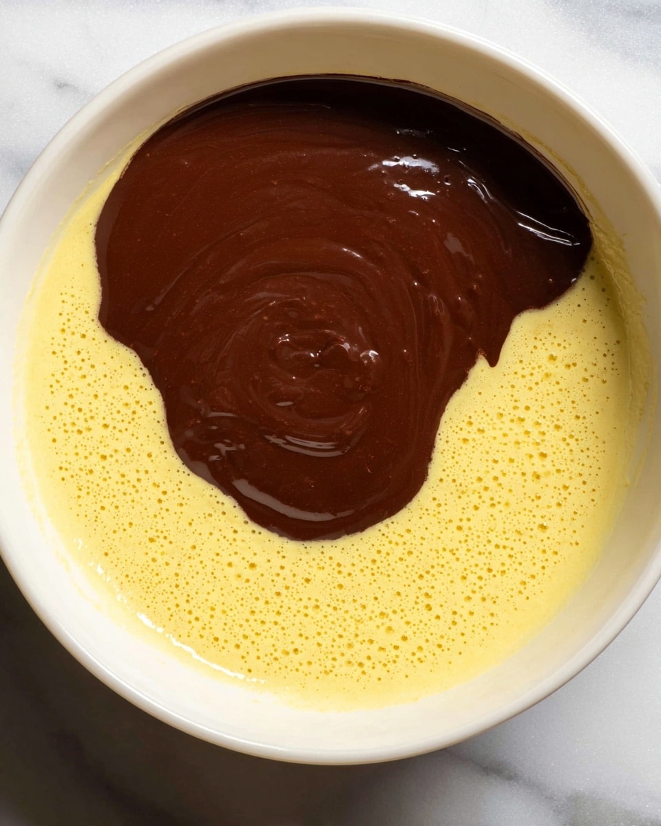 The image shows a white bowl with two visible layers of batter inside. The bottom layer is light yellow with a bubbly and smooth texture, filling most of the bowl. On top, there is a smaller pool of thick, dark brown liquid chocolate batter, which contrasts strongly with the yellow batter underneath. The bowl is placed on a white marbled surface. photo taken with an iphone --ar 4:5 --v 7