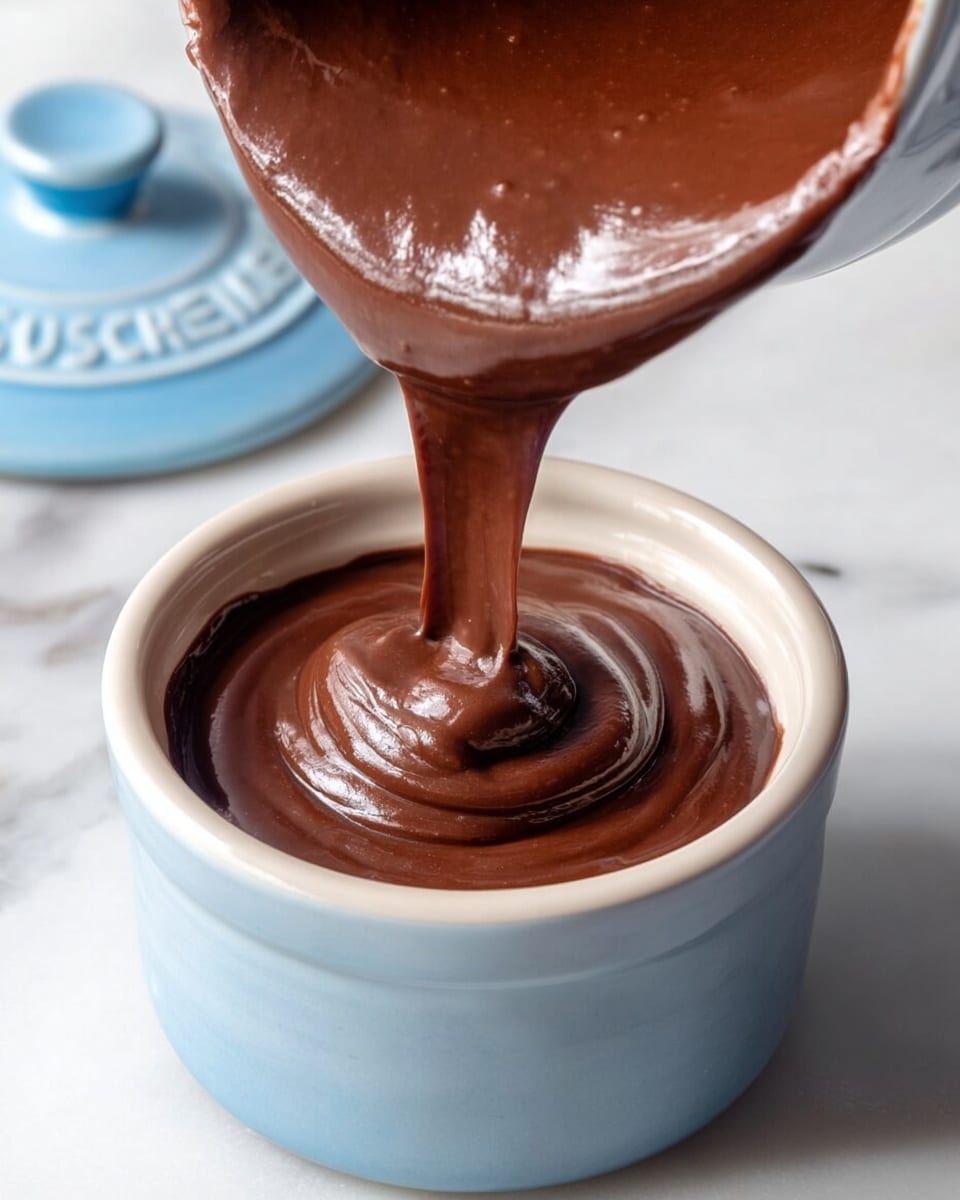 A small white bowl is filled with one thick layer of dark brown, soft-looking chocolate cake with tiny holes on the surface. On top of the cake, there is a single scoop of pale cream-colored vanilla ice cream with small brown chocolate chips mixed inside. The bowl sits on a white marbled surface scattered with dark brown chocolate chips. The bowl has a smooth texture and a blue outer side with the word