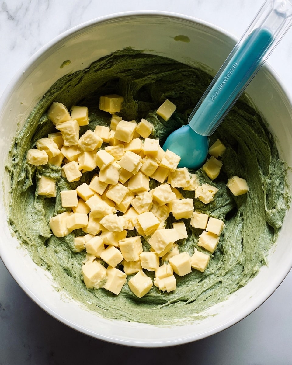 A white bowl filled with a thick, green dough or batter that has a smooth and slightly glossy texture. On top of the green base, there are many small, pale yellow cubes scattered evenly. A light blue silicone spatula with a clear handle rests inside the bowl, touching the dough and cubes. The bowl sits on a white marbled surface with bright natural light shining from above, highlighting the textures clearly. photo taken with an iphone --ar 4:5 --v 7