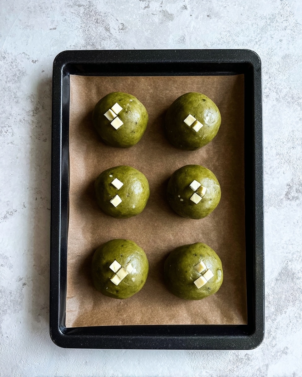Five round green dough balls are evenly spaced on a black baking tray lined with brown parchment paper. Each dough ball has small white square pieces embedded on the surface. The baking tray is placed on a white marbled textured surface. photo taken with an iphone --ar 4:5 --v 7