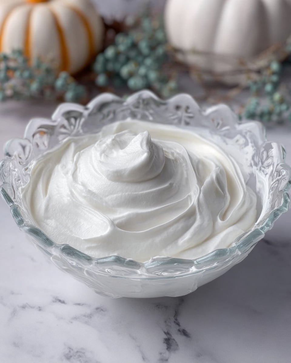 A clear glass bowl with floral and wavy edges holds a single thick layer of smooth, bright white whipped cream or frosting with soft swirls and a small peak in the center. The bowl is set on a white marbled surface, and in the background, blurred decorative elements like a small green branch and a white pumpkin can be seen. The texture of the whipped cream looks light and airy, and the lighting creates soft shadows inside the bowl. photo taken with an iphone --ar 4:5 --v 7