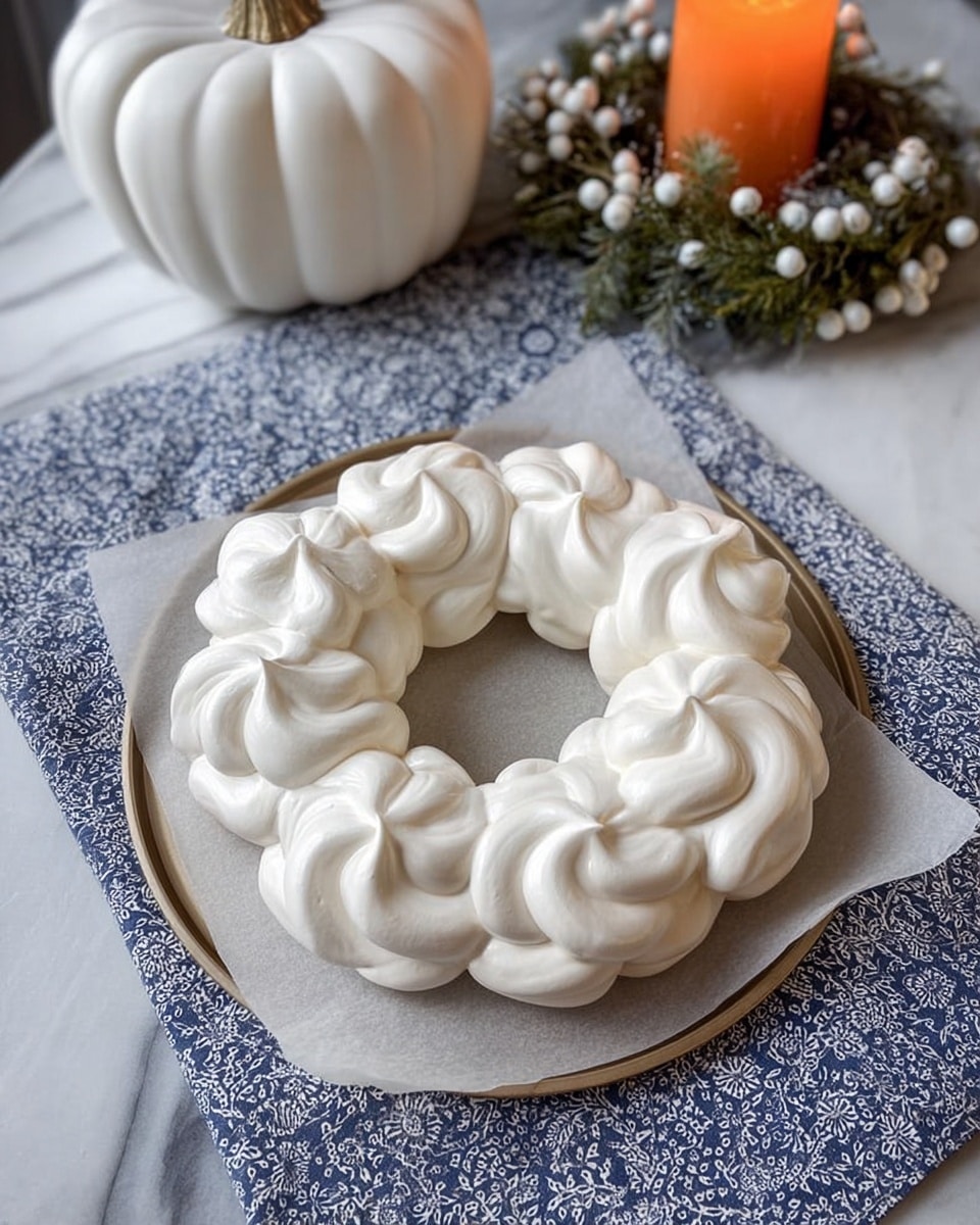 The image shows a wreath-shaped dessert made of light beige meringue circles stacked in two layers. On top of the meringue, there is a thick layer of white whipped cream dollops arranged evenly in a circular pattern. The whipped cream is decorated with fresh berries including red raspberries, dark blackberries, bright blue blueberries, and sliced red strawberries. Fresh green mint leaves are scattered among the berries adding contrasting color. The dessert sits on a white plate placed on a white marbled surface. In the background, a lit candle and a white pumpkin decoration add a cozy feel to the scene. Photo taken with an iphone --ar 4:5 --v 7