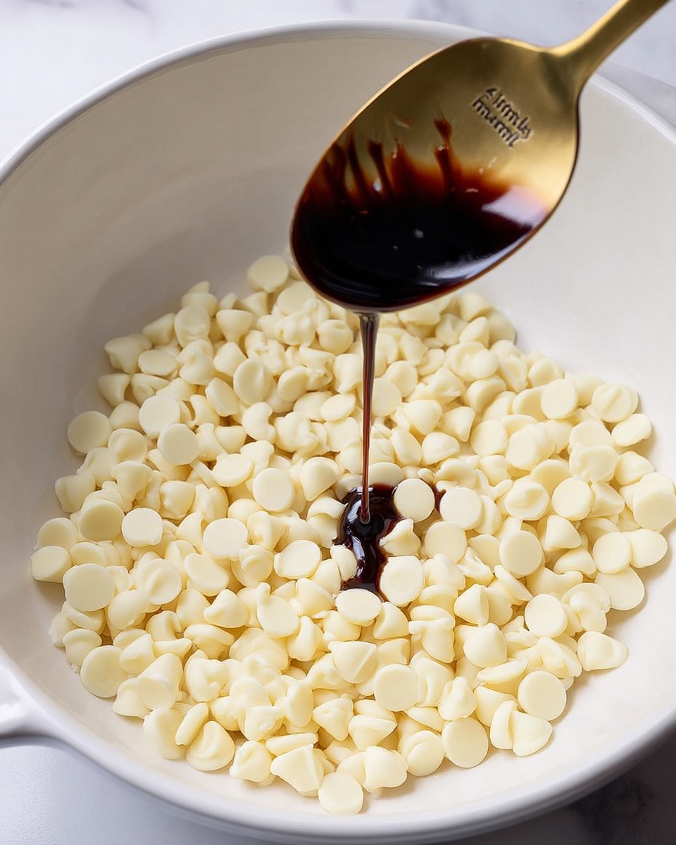 A close-up view of a white bowl filled with small white chocolate chips spread evenly across the base. Over the chocolate chips, a gold teaspoon labeled