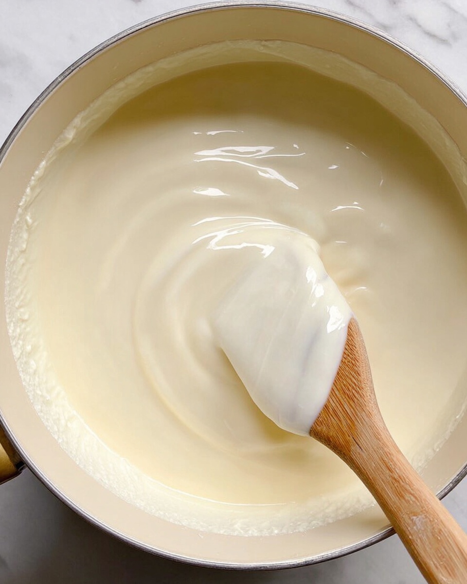 A close-up view of a creamy, smooth, off-white sauce or mixture filling a light cream pot, with a wooden-handled spatula stirring it on the right side, showing the shiny, thick texture of the mixture. The background is a white marbled surface. photo taken with an iphone --ar 4:5 --v 7