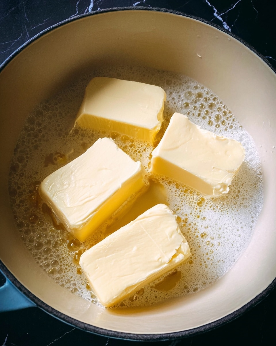 A close-up of four thick pale yellow blocks of butter melting in a light cream enamel pot, the butter starting to bubble and foam slightly around the edges, with smooth and soft textures visible on the melting butter pieces, all inside the pot which sits on a dark surface replaced by white marbled texture in the scene photo taken with an iphone --ar 4:5 --v 7