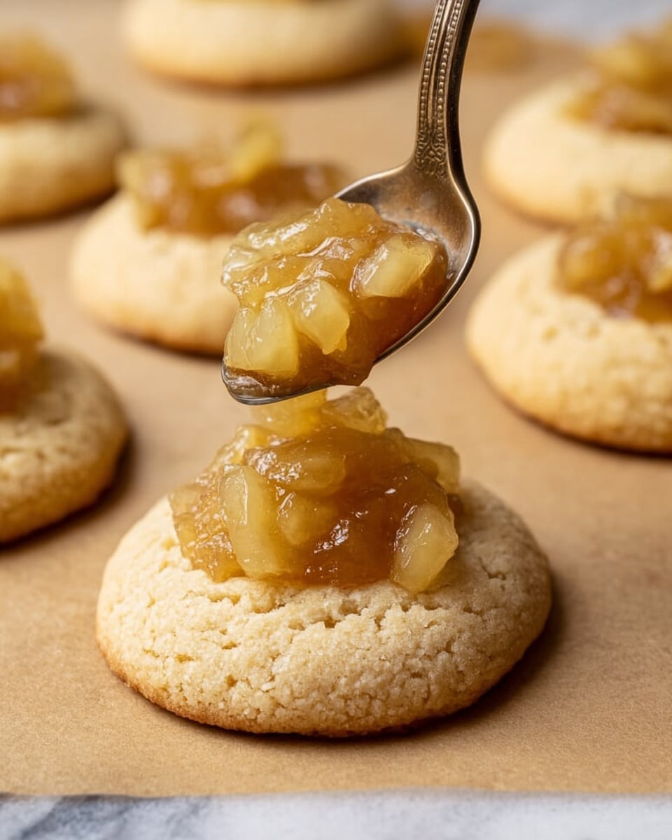 A white plate holds six round cookies arranged in a loose circle. Each cookie has a light golden-brown base with a soft, slightly cracked texture. At the center of each cookie is a glossy, chunky filling made of diced golden pieces that look like cooked fruit in syrup. The plate sits on a white marbled surface, and in the background, frosted green pine branches add a festive touch. photo taken with an iphone --ar 4:5 --v 7