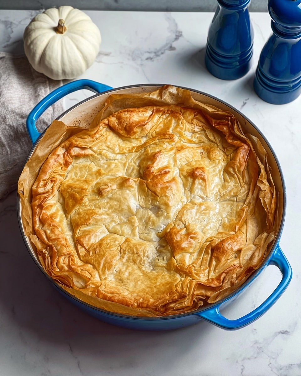 A round blue pot with two handles holds a golden-brown pie with a crinkled top layer of thin, flaky pastry that looks light and crisp. The pie is lined with parchment paper that peeks out from under the crust around the edges. The pot sits on a white marbled surface, with a small white pumpkin on the left and two blue salt and pepper grinders in the background. The top pie layer shows an uneven texture with some darker toasted spots and soft folds, giving it a rustic and homemade look. Photo taken with an iphone --ar 4:5 --v 7