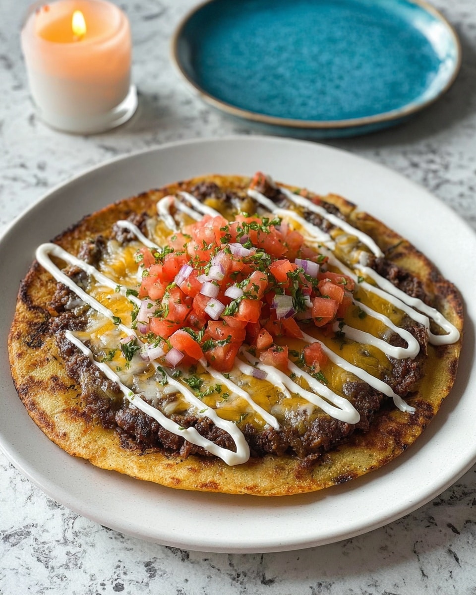 The dish shows a round, slightly crispy golden brown flat tortilla filled with a cooked dark brown beef patty. On top of the beef layer, there are melted yellow cheese patches, drizzled with white sour cream in diagonal lines. The middle is topped with a fresh mix of bright red diced tomatoes and finely chopped white onions, sprinkled with small green herb pieces. The dish is placed on a white plate, set against a white marbled surface. In the back, there is a lit cream-colored candle on a blue plate. Photo taken with an iphone --ar 4:5 --v 7