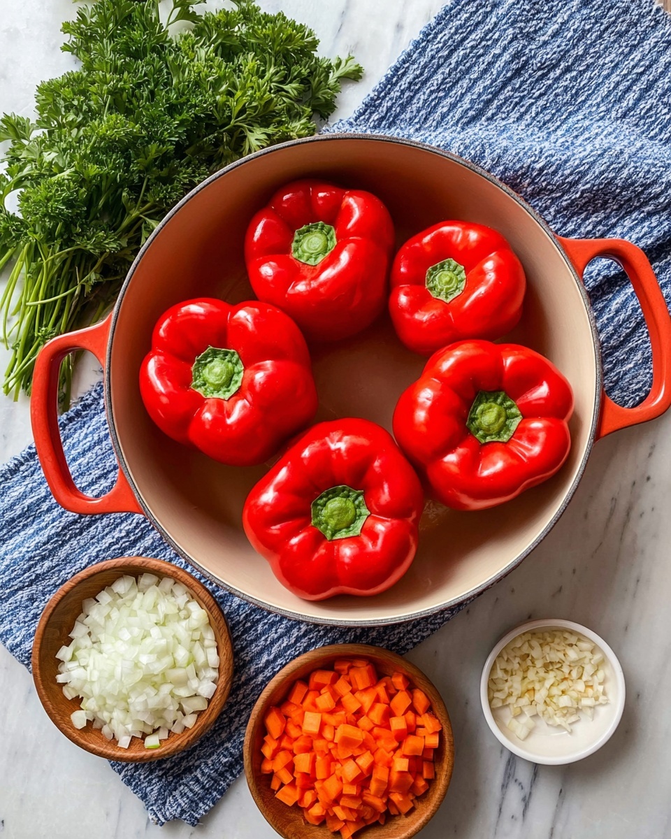 A top view of six bright red bell peppers placed inside a cream-colored pot with red handles, all with green stems facing upward. Around the pot, there are three wooden bowls; one with chopped white onions, one with finely diced orange carrots, and a small white dish with finely chopped garlic. To the left is a bunch of fresh green parsley on a white marbled surface with a blue and white striped cloth partially under the pot. The overall scene is well-lit and colorful with a neat, organized look photo taken with an iphone --ar 4:5 --v 7