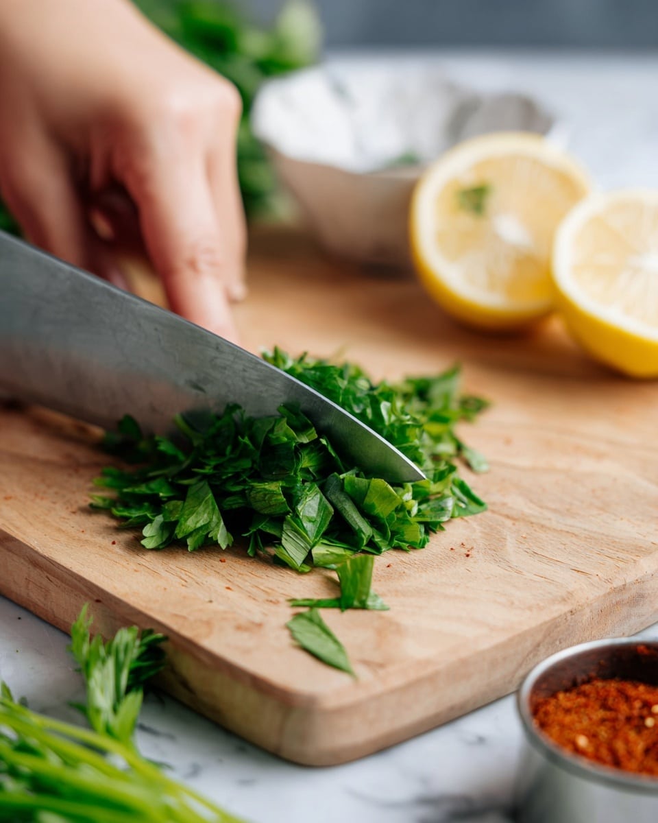 A single layer of golden brown chickpeas with bits of fresh green parsley mixed in, sitting in a round white bowl with a slightly rough texture. The chickpeas appear crispy with a coating of spices giving them a warm orange hue. The bowl rests on a soft gray cloth with two wooden toothpicks placed nearby and some green parsley leaves scattered on the bottom left. In the background on a white marbled surface, there is a folded lemon wedge to the left and two small white dishes, one containing a creamy sauce with a spoon inside. Photo taken with an iphone --ar 4:5 --v 7