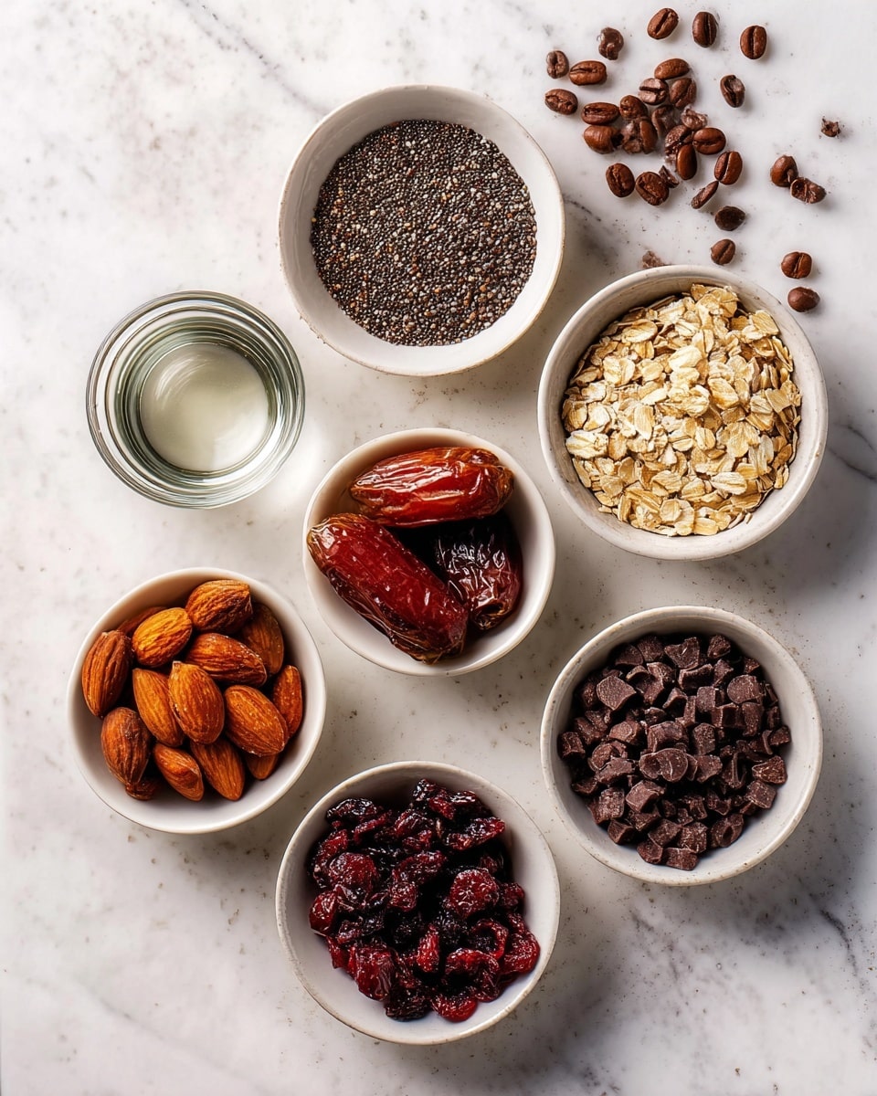 A white scalloped plate holds a pile of round dark brown energy balls with small bits of seeds or nuts visible in their texture. Three bright red cherries with green stems are placed on top and around the energy balls, adding a fresh pop of color. In the blurry background, there are white bowls filled with more cherries and small dark round pieces, possibly chocolate chips, all set on a white marbled surface. The lighting is soft and natural, highlighting the glossy cherries and textured energy balls. Photo taken with an iphone --ar 4:5 --v 7
