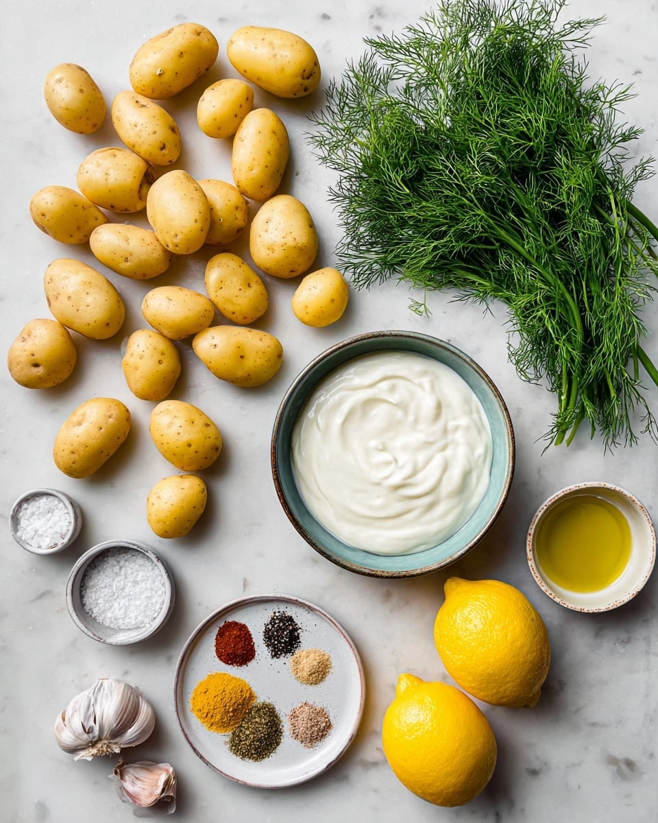 The image shows many small yellow potatoes scattered across a white marbled surface, with a bunch of fresh green dill on the top right. A round white bowl filled with smooth white cream is near the bottom center. To the right of the bowl, there is a small white plate with different spices in layers: red, light brown, black, green, and white. Above that plate, a small white bowl contains yellow oil. Two bright yellow lemons are placed near the bottom right. Small white bowls with coarse salt and black pepper sit near the bottom left, along with a single clove of garlic. photo taken with an iphone --ar 4:5 --v 7