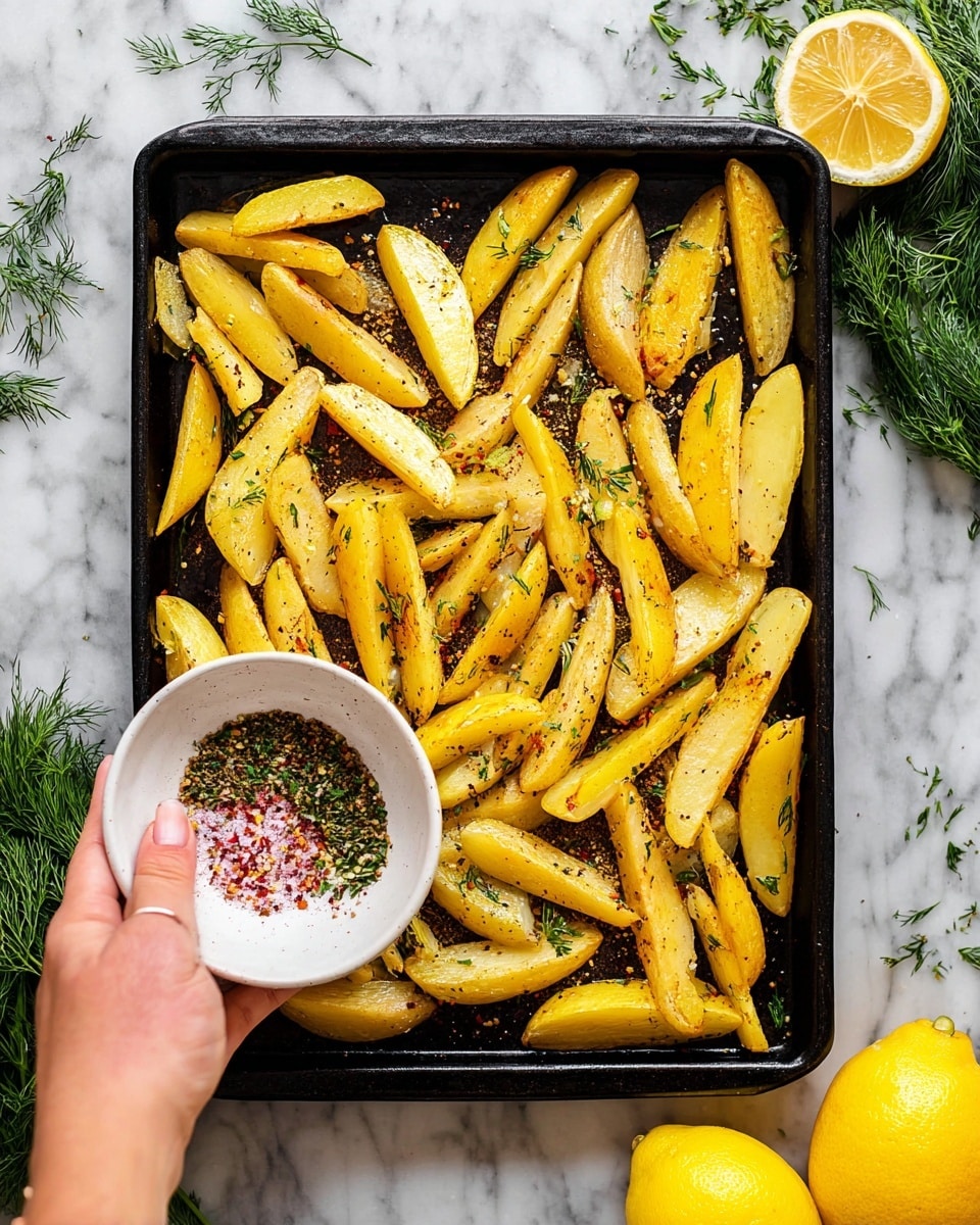 A large white plate holds golden-brown roasted potato wedges sprinkled with small green dill leaves and thin lemon zest strands, showing a mix of crispy and soft textures on each wedge, arranged closely to fill the plate. On the left side of the plate, a smaller white bowl contains a creamy white yogurt sauce topped with chopped dill, black pepper, and a drizzle of olive oil, with a silver spoon resting inside. The plate sits on a white marbled surface with fresh sprigs of dill and halves of bright yellow lemon placed nearby, adding fresh green and yellow colors to the scene. photo taken with an iphone --ar 4:5 --v 7