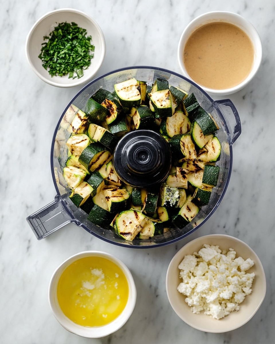 A clear food processor bowl filled with grilled zucchini pieces showing char marks, inside a white marbled surface. Above and around the bowl are four small white bowls: top left with finely chopped green herbs, top right with a smooth light brown sauce, bottom right with crumbled white cheese, and bottom left with fresh yellow lemon juice being freshly squeezed. The arrangement is neat and clean, showing fresh ingredient textures and colors. Photo taken with an iphone --ar 4:5 --v 7