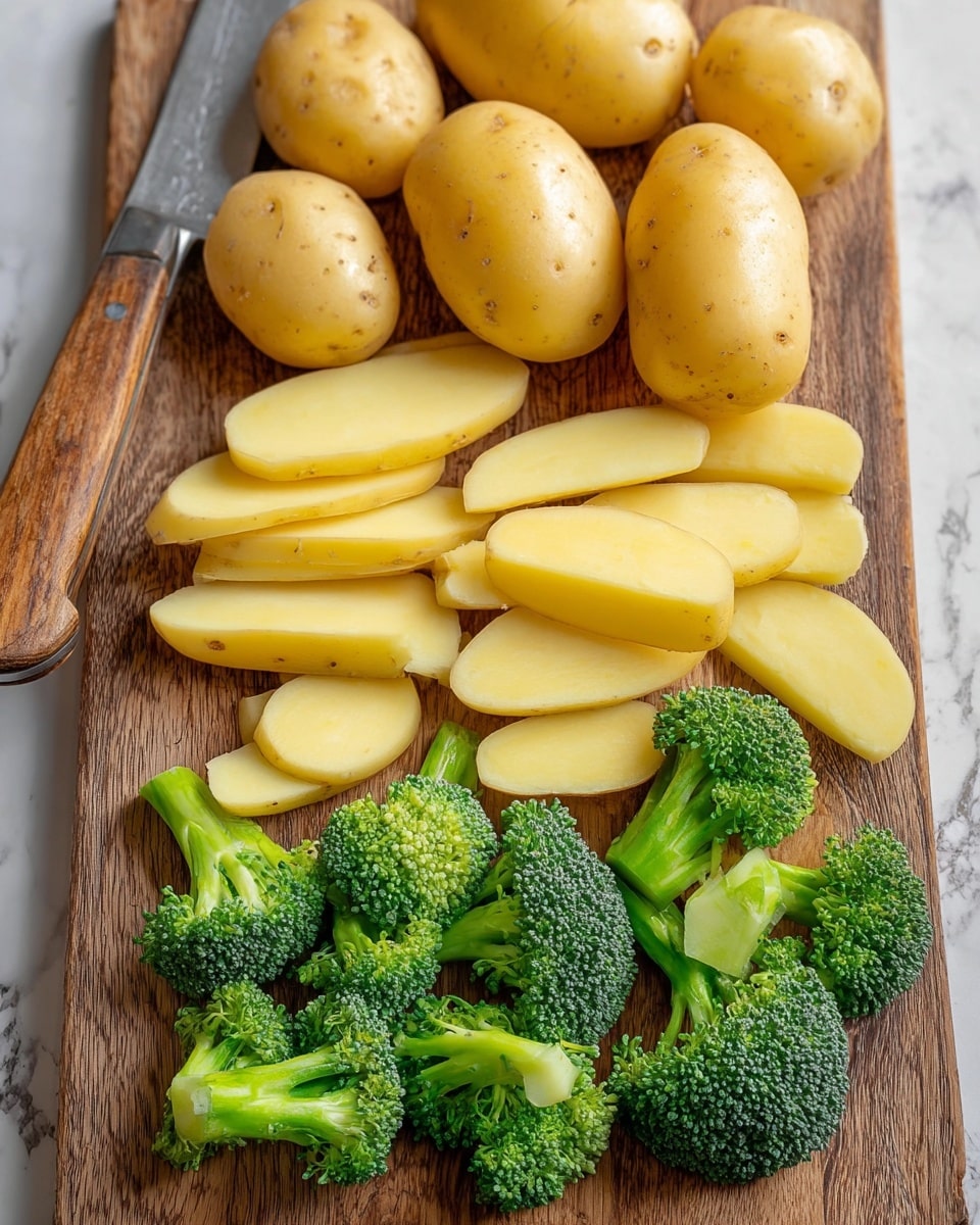 The image shows fresh whole and sliced yellow potatoes arranged on a wooden cutting board with several bright green broccoli florets placed beside them. The potatoes are smooth and firm, some whole at the top with small eyes, and many sliced into thick wedges stacked in the middle. The broccoli pieces are vibrant with textured, tiny buds on top and thick stalks at the bottom. A knife with a wooden handle is laid on the left side of the board. The background is a white marbled surface. photo taken with an iphone --ar 4:5 --v 7