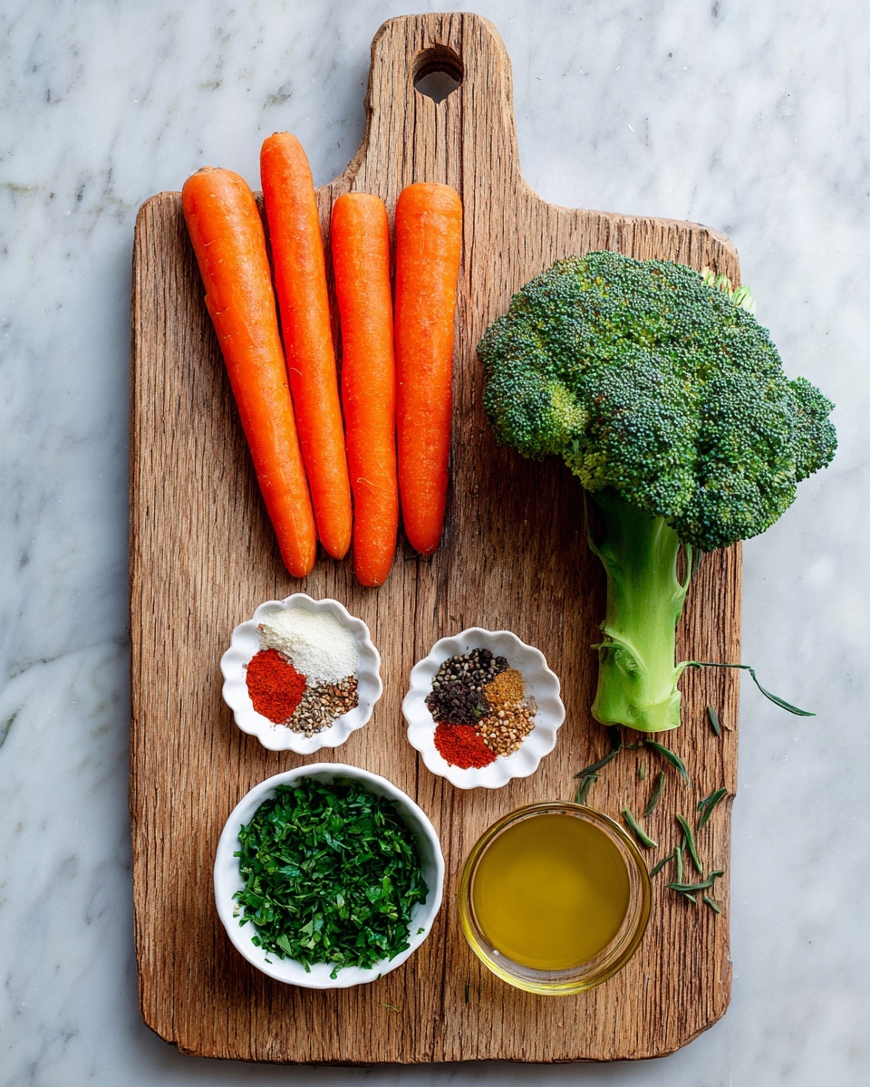 A wooden board with a handle sits on a white marbled surface. On the board, there are seven long orange carrots stacked horizontally near the top. To the right of the carrots, a large green broccoli head rests with its stalk pointing down. Below the carrots, near the center, is a white scalloped bowl holding five different spices arranged in sections: red, white, black, brown, and finely chopped bits. Below this bowl, there is another white scalloped bowl filled with bright green chopped herbs. Next to this bottom bowl, to the right on the handle of the board, is a small glass bowl filled with golden olive oil. A few scattered herb leaves lie on the board and surface around the bowls. photo taken with an iphone --ar 4:5 --v 7