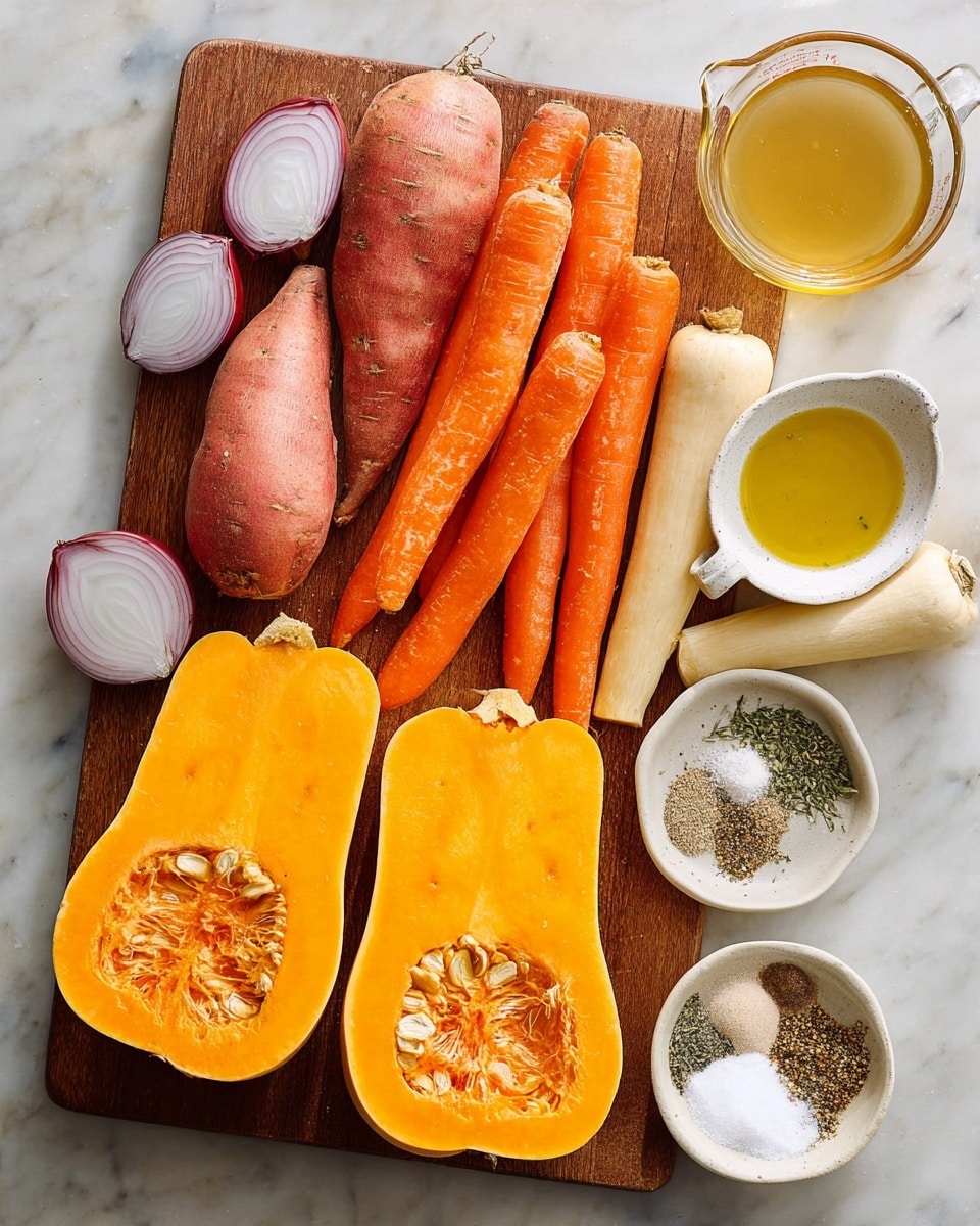 The image shows a wooden board with fresh vegetables and cooking ingredients on a white marbled surface. On the board, there are two halves of a bright orange butternut squash placed at the bottom, showing seeds in the hollow parts. Above the squash, there are three long orange carrots aligned side by side, and next to them, a whole slightly grilled reddish sweet potato. To the right of the carrots, two pale yellow parsnips point diagonally towards the board’s bottom right. On the left side, two halves of a red onion with white inside are placed close together. On the marbled surface near the board, there is a small clear glass bowl filled with light yellow oil, a white dish with small piles of different spices including coarse salt and herbs, a larger clear measuring cup with golden broth, and a glass container holding white liquid. The photo taken with an iphone --ar 4:5 --v 7