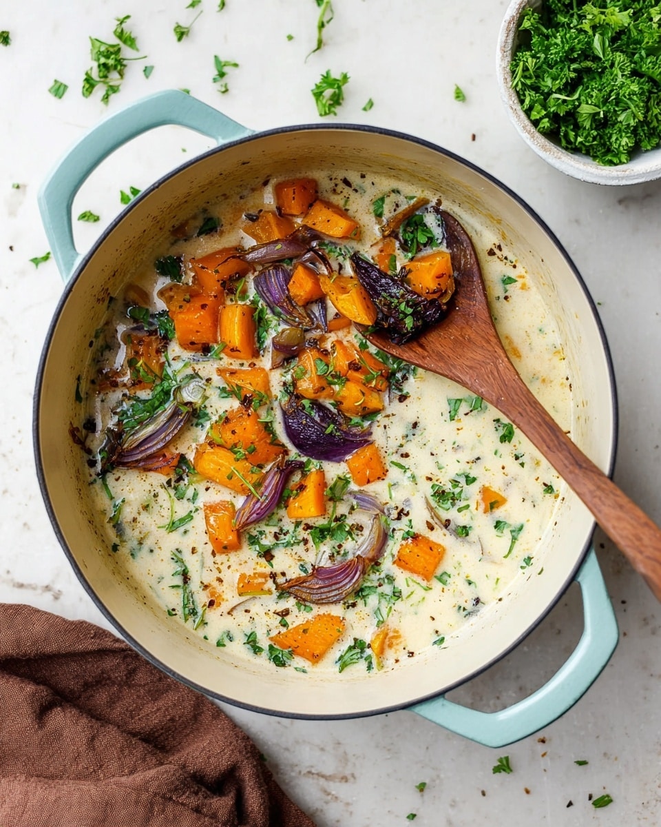 The image shows a white pot with light blue handles filled with a creamy soup. The soup has chunks of bright orange cooked carrots and roasted purple onions floating on the top layer, mixed with small green herb pieces. There is a wooden spoon resting inside the pot, partially submerged in the soup, scooping some of the carrots and onions. The soup base is creamy white with flecks of herbs throughout. Around the pot, the image shows small green parsley leaves scattered on a white marbled surface, with a white bowl filled with fresh green parsley in the top right corner. A brown cloth is folded in the bottom left corner. photo taken with an iphone --ar 4:5 --v 7