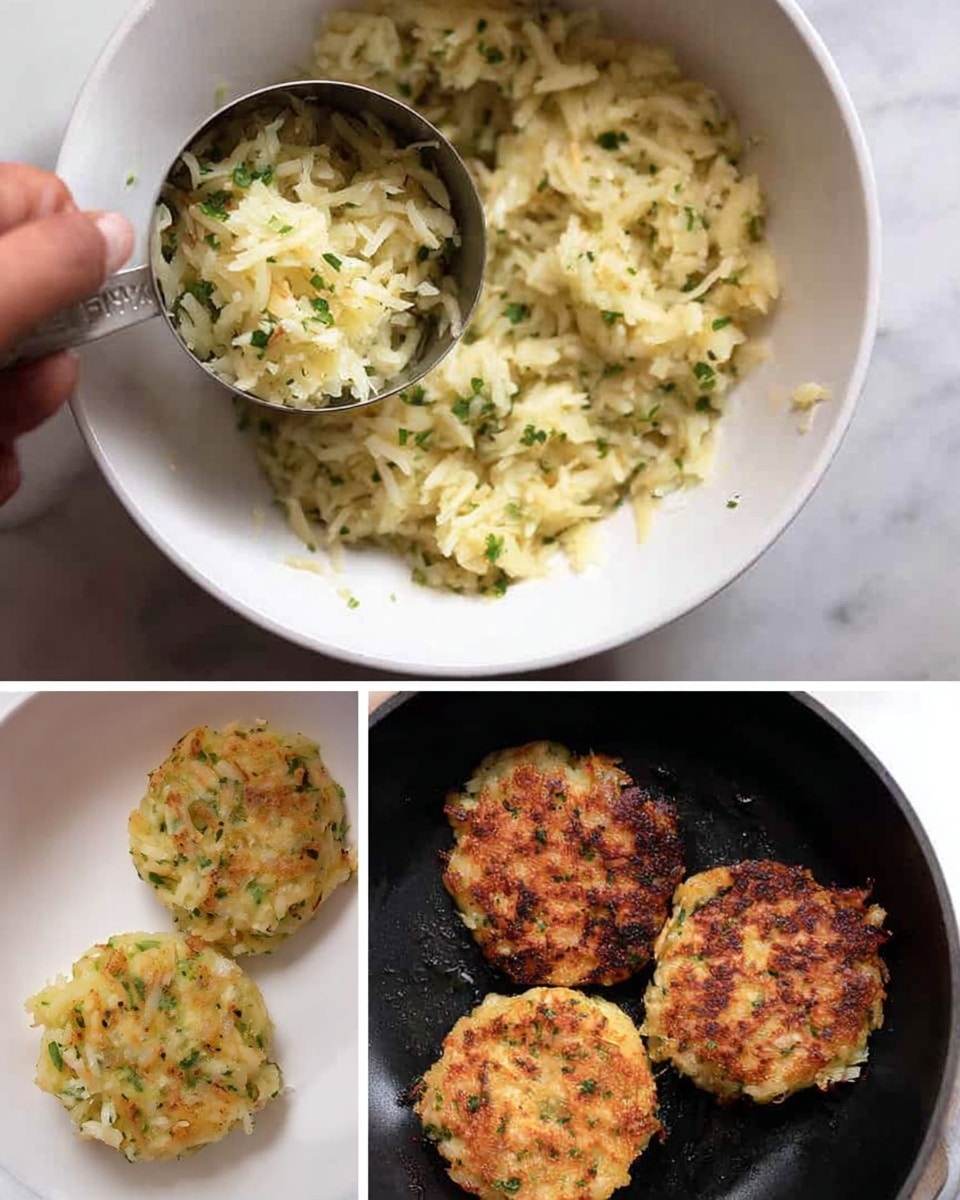 A round, crispy brown and golden fritter with a coarse texture sits in the center of a white plate, topped with small, soft, light orange pieces. Next to the fritter, a small green parsley leaf adds a pop of color. The plate rests on a surface with a white marbled texture, and in the upper left corner, a white bowl with more light orange pieces and a metal spoon is partially visible. A blue and white striped fabric is in the top right background. Photo taken with an iphone --ar 4:5 --v 7