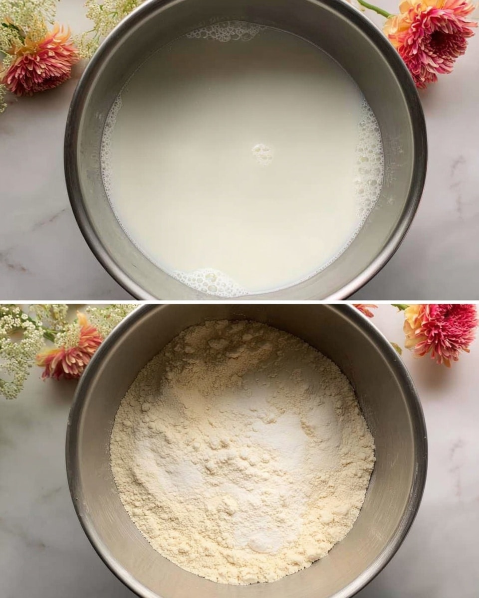 Two close-up photos show the inside of a metal pot placed on a white marbled surface with some flowers in the background. The first photo shows a smooth white liquid filling the pot about halfway, with a few small bubbles on the surface. The second photo shows the same liquid with a powdery beige substance added on top, sitting in the middle and not yet mixed in. The setting is simple, focusing on the texture and color contrast between the white liquid and the beige powder. Photo taken with an iphone --ar 4:5 --v 7