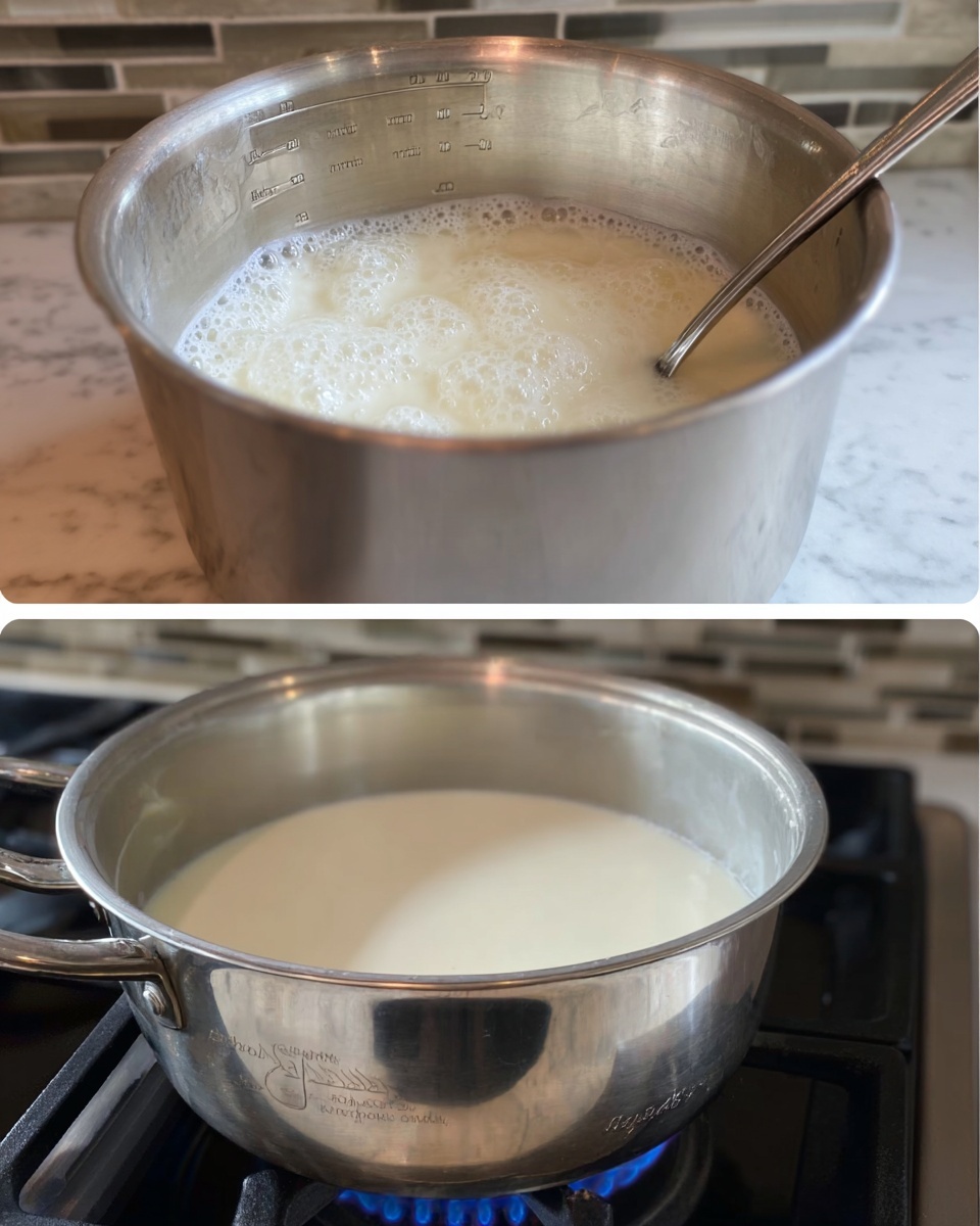 A glass jar filled with light creamy yellow custard has a spoon lifting a round piece of soft milky dessert with a golden brown outer layer showing texture on top. Another jar with the same creamy custard is placed nearby on a wooden surface with intricate white patterns. Part of a pot of the same custard is also visible to the left. The background has a soft focus, and a white marbled texture replaces any visible surface. The colors are warm and inviting, showing the smoothness and creaminess of the dessert. photo taken with an iphone --ar 4:5 --v 7