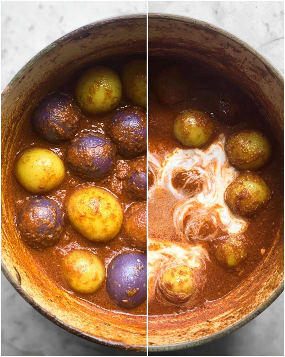 A round white bowl with red handles and red outer surface with white dots filled with orange creamy curry that has large round pieces in it, garnished with green cilantro leaves on top. The bowl is placed on a white plate with folded light beige flatbreads on the side. Behind this bowl, there is another round white bowl with a blue outer surface filled with a darker brown dish, all set on a white marbled surface with a soft out-of-focus grey-blue background. photo taken with an iphone --ar 4:5 --v 7