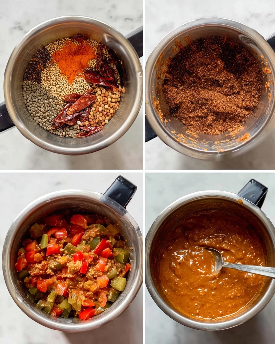 The image shows four stages of making a sauce in a silver blender bowl, placed on a white marbled surface. The first stage has a mix of dry spices, including sesame seeds, lentils, and whole red chilies, sitting at the bottom, with some orange and brown colors and rough texture. The second stage shows the spices ground to a fine, crumbly dark brown powder coating the bowl. The third stage has chopped green and red vegetables, soft and mixed, sitting on top of some powder with a wet and chunky texture. The final stage shows a thick, smooth orange-brown sauce with tiny bits of ingredients visible, with a spoon sticking into it. photo taken with an iphone --ar 4:5 --v 7