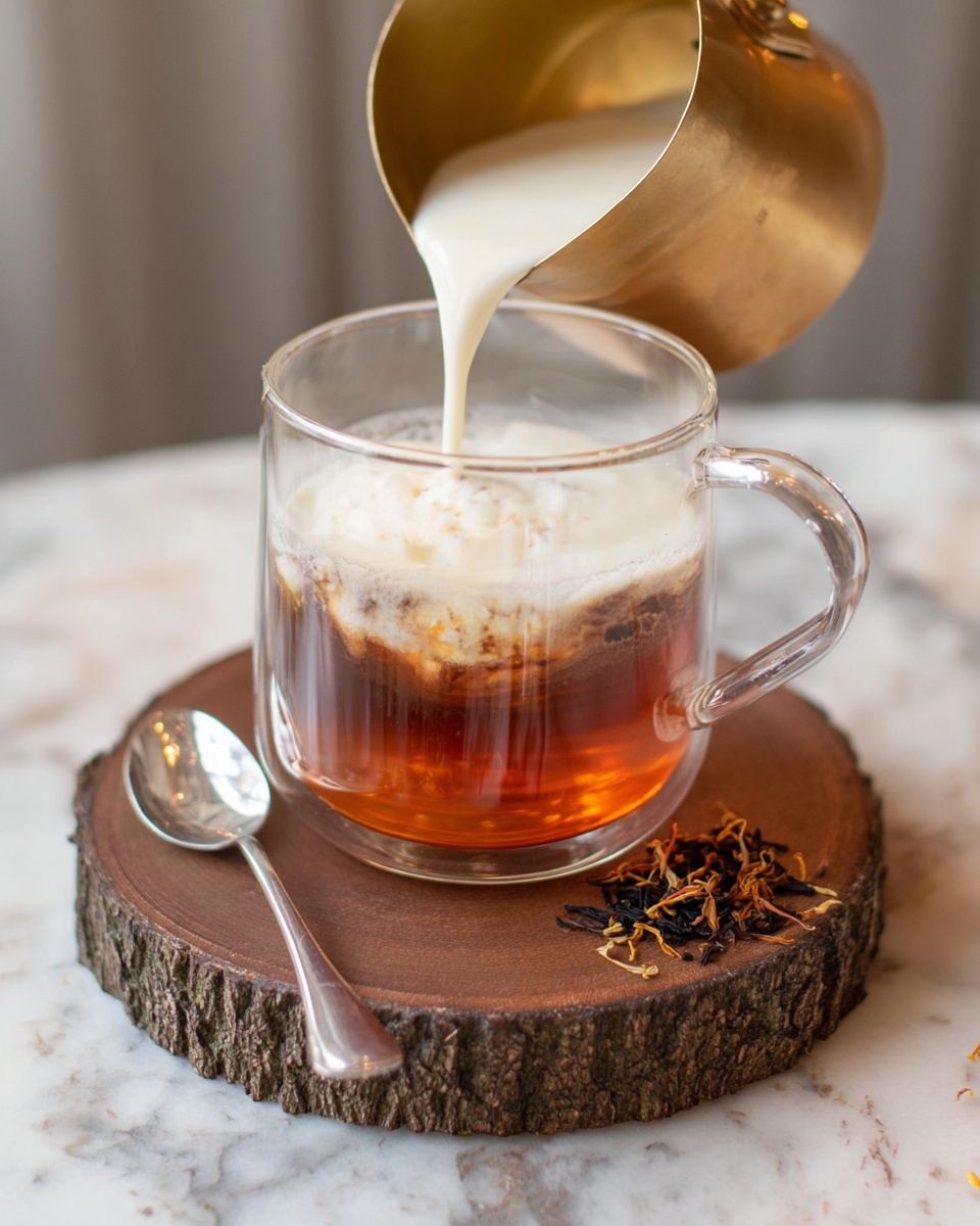 A clear glass mug holds a drink with two layers: the bottom layer is light brown with a smooth, swirled texture, and the top layer is thick, creamy white foam that covers the entire surface. The mug sits on a round wooden slab with visible bark and natural wood rings, placed on a white marbled surface. In the foreground, a silver spoon with loose black tea leaves rests next to the slab. The background is softly blurred, with soft light adding warmth to the scene photo taken with an iphone --ar 4:5 --v 7
